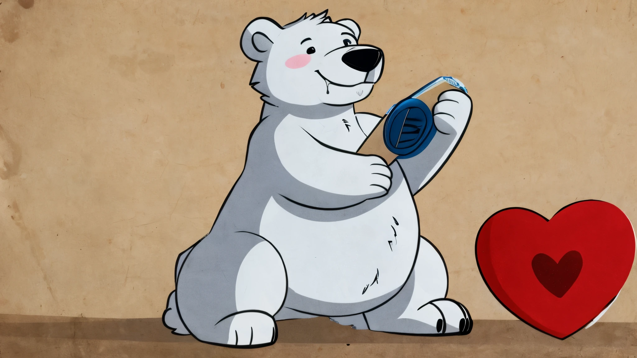 A cartoon polar bear with a large drooling penis with a sign with a heart drawn on it