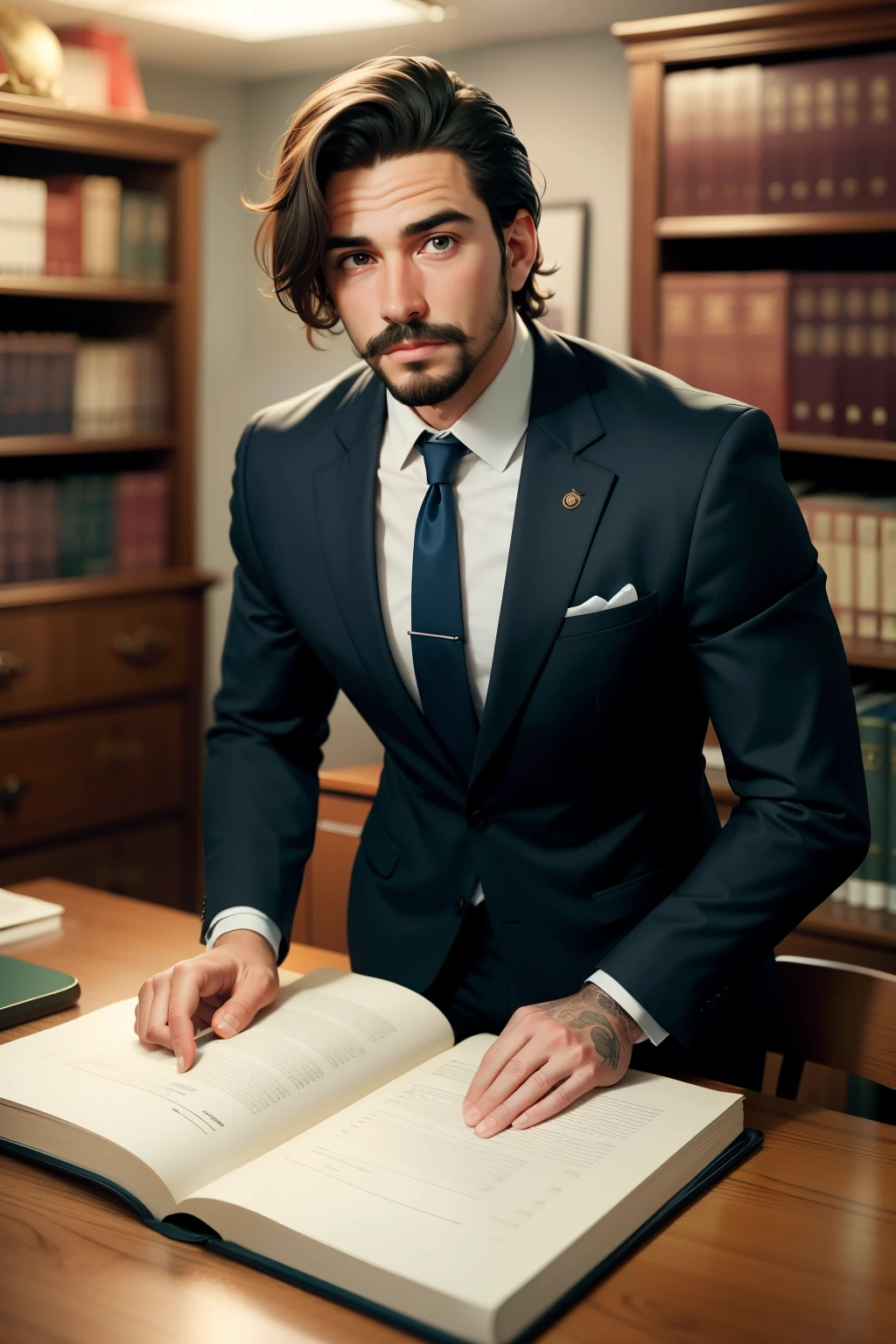 crie uma imagem de um advogado trabalhando em sua mesa, classic desk, in your office. the image must have classic furniture. o advogado deve ter uns quarenta e poucos anos, cabelos pretos bem curtos, sem barbas, sem bigodes. the lawyer must be manly and masculine. behind the lawyer's back there must be a bookshelf with several books. the image of having good lighting, ser de alta qualidade