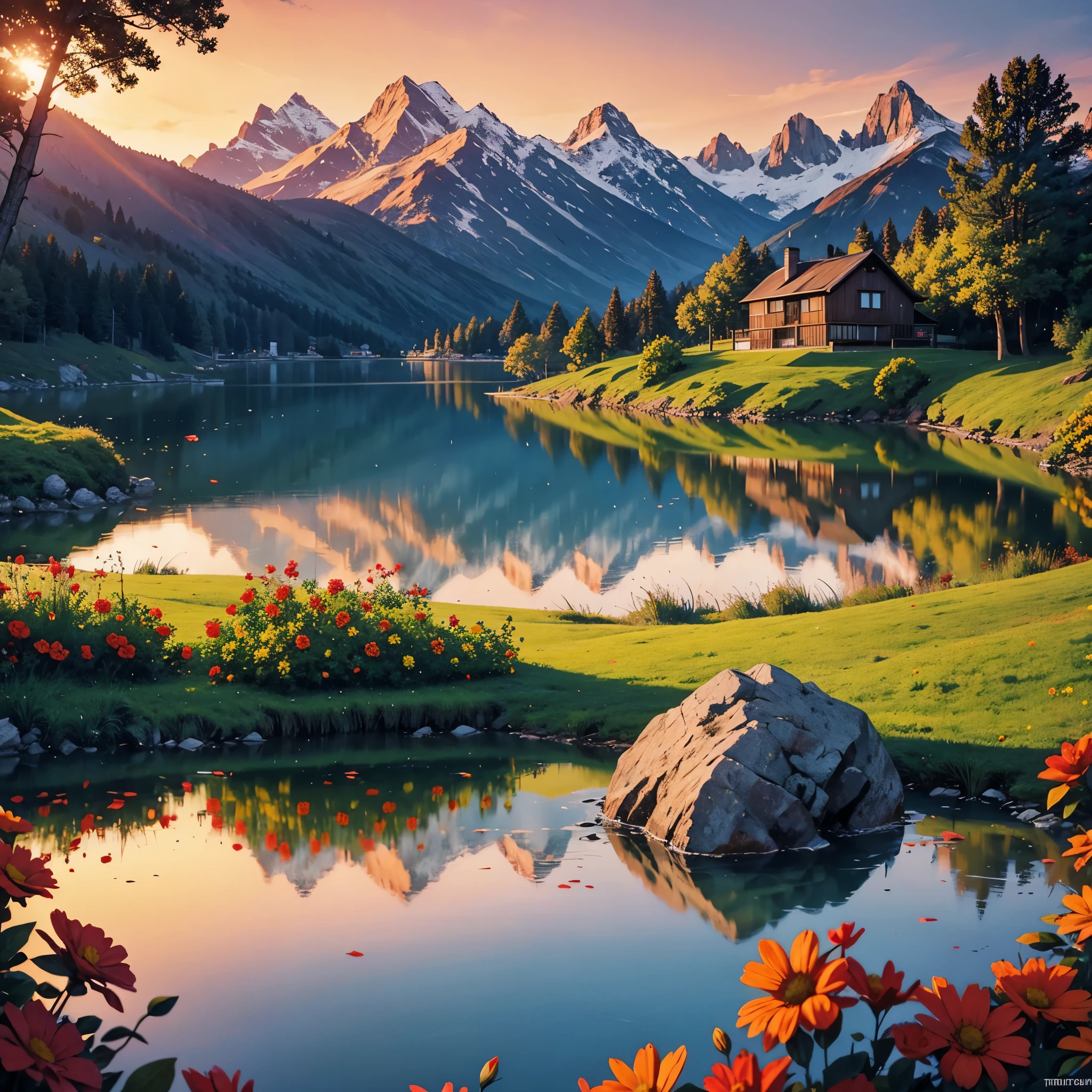 house on a lake, stones, yellow and red flowers, mountains in the background, sunset