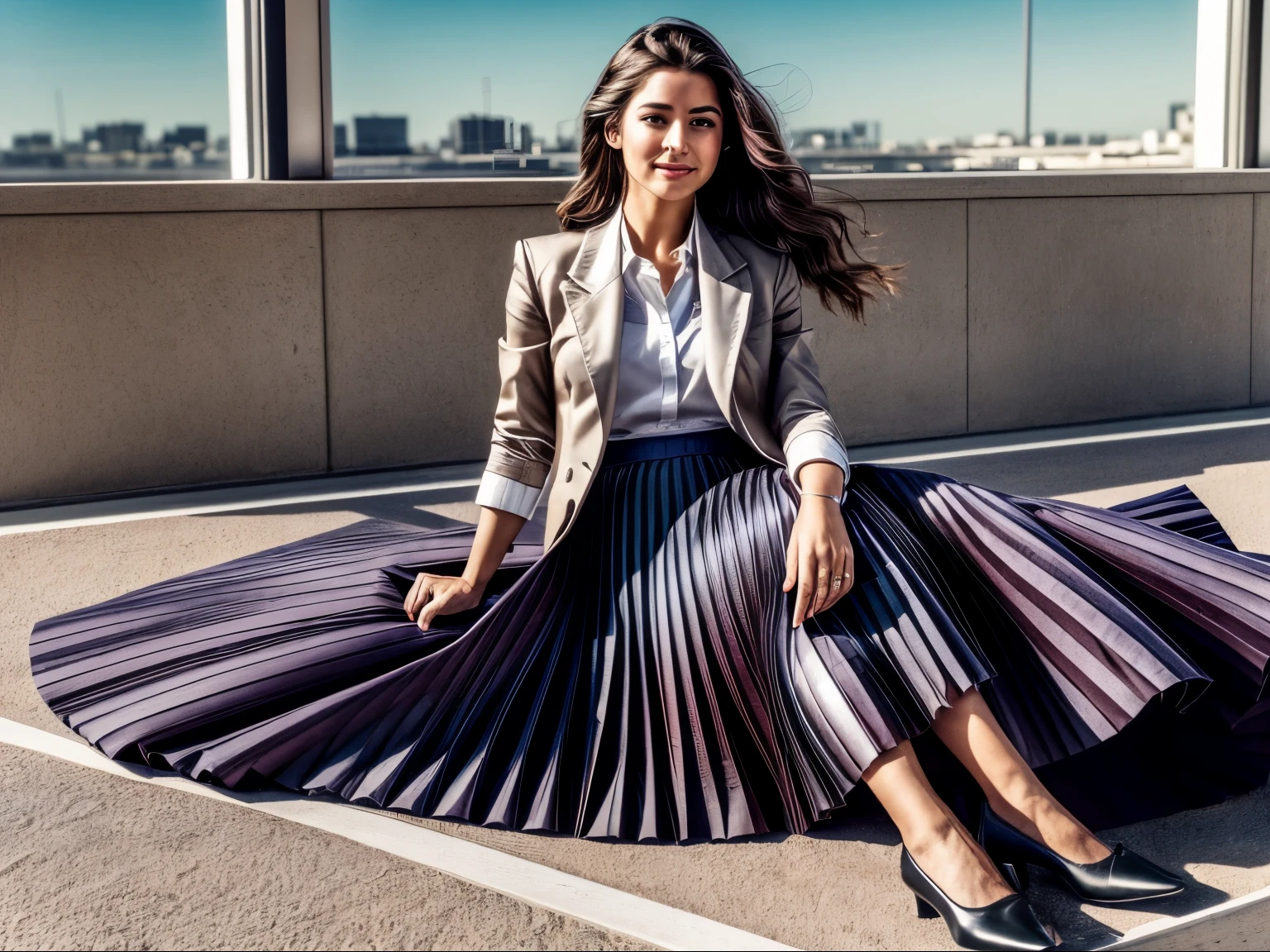 A smiling, authentic, (shy:1,3), kind, beautiful woman, completely alone in an empty space station, in love with her skirt, standing while wind lifts her skirt, wearing short blazer and very very detailed (long (fully pleated) full circle skirt) and (simple) low heeled office shoes, very very intricate hyper-detailed symmetric (attractive graceful young feminine face) with (sad, tired eyes and a shy smile), large breasts, full of empathy and compassion and love, (pronounced (feminine) features), (highly detailed ultra accurate realistic) hands and fingers, (windy), epic composition, highly detailed attributes, (35mm f1.4 Kodak portra 400 photograph), extremely high quality RAW photograph, highly detailed atmosphere, sci-fi, cinematic shot, dynamic lighting, 75mm, Technicolor, Panavision, cinemascope, sharp focus, fine details, 8k, HDR, realism, realistic, key visual, film still, superb cinematic color grading, depth of field