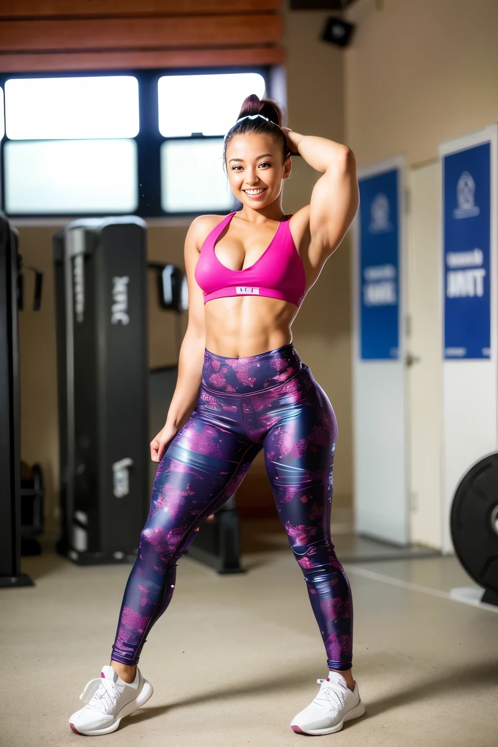 Best Quality, 超A high resolution, Raw photo, shots, (Photorealistic:1.4), Solo Bodybuilder, One Muscle Girl, Smile,
At the gym, Wear gym clothes, Looking at Viewer, Cute, Full body, Detailed eyes, Detailed face, lightsmile, Wearing training pants,