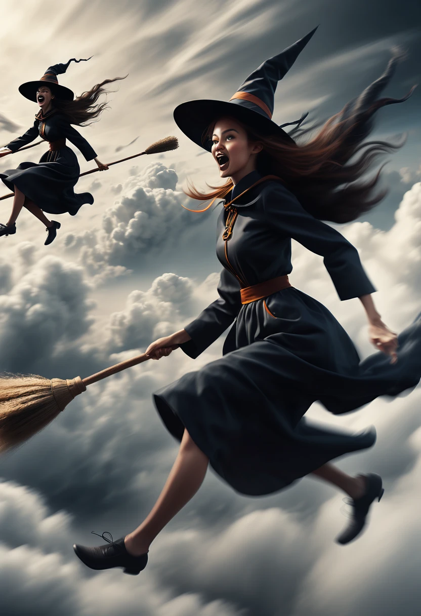 Several witches on broom Flying, Flying Broomstick Race, chasing Race In a hurry, shuttle among the clouds, high altitude, Endpoint marker, (Motion Blur, best composition), (best quality, masterpiece, Representative work, official art, Professional, Ultra high detail, 8k:1.3)