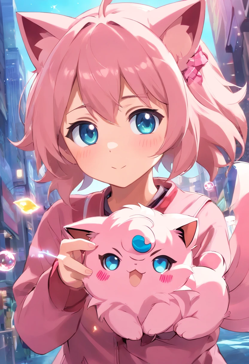 1 girl paying with Jigglypuff, Jigglypuff is playful and cute,Liveliness and agility,pink soft hairs,sparkling big eyes, Cute little 。(Jigglypuff:1.5)