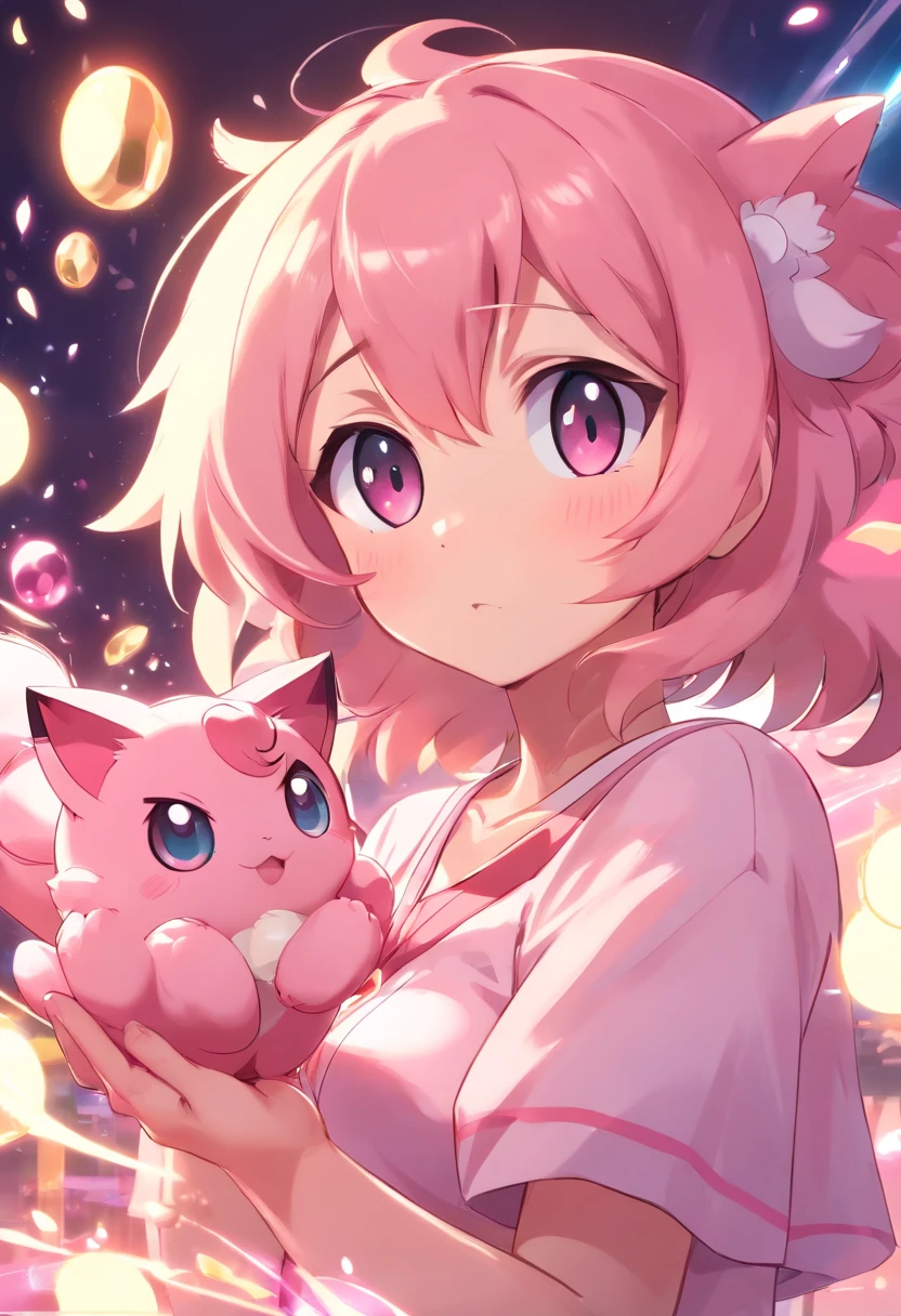 1 girl paying with Jigglypuff, Jigglypuff is playful and cute,Liveliness and agility,pink soft hairs,sparkling big eyes, Cute little 。(Jigglypuff:1.5)