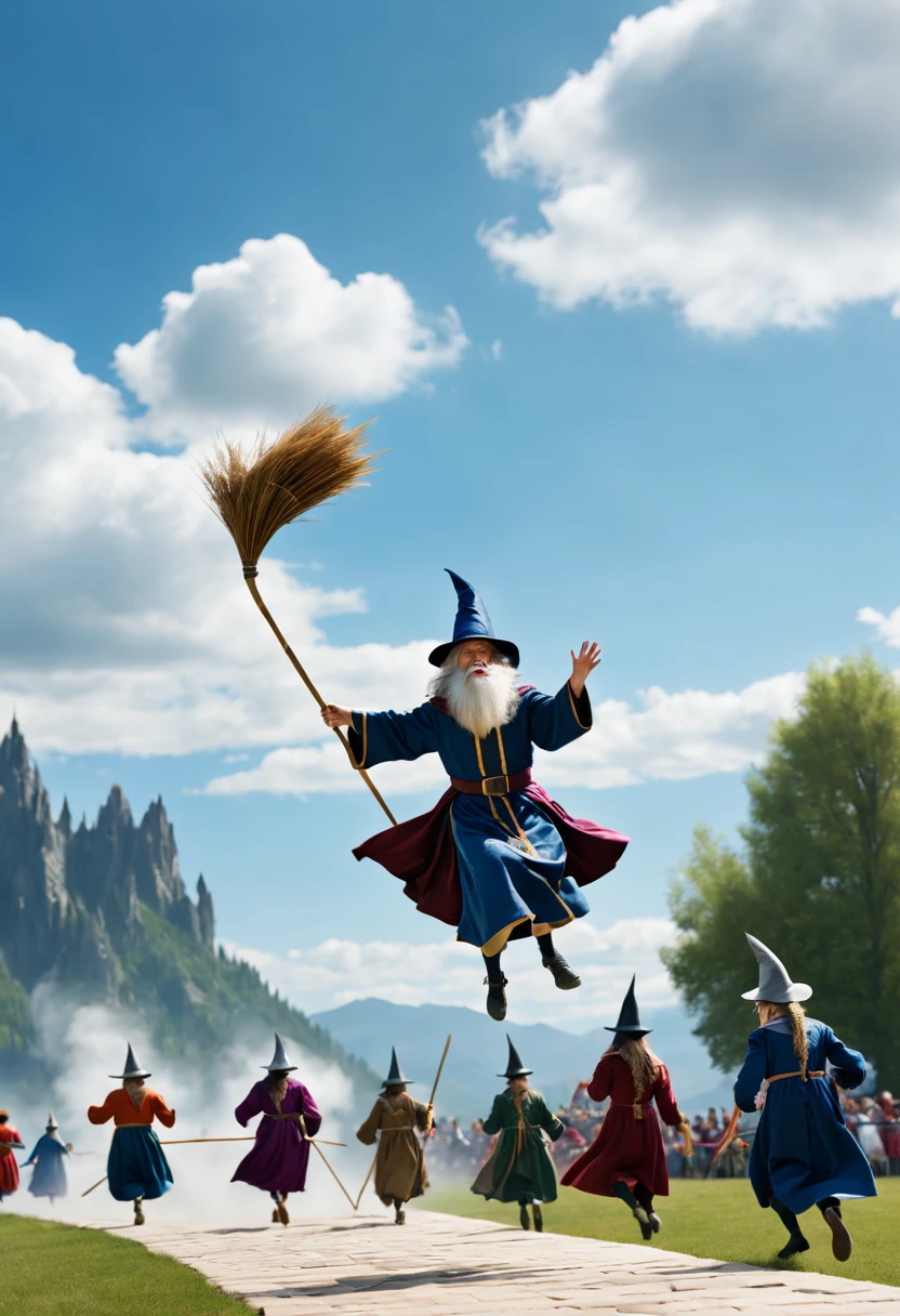 The witch and the black cat are flying on broomsticks.flying broomstick competition.on a bright afternoon，Many young witches under the blue sky.Race on a broomstick。(Focus on witch flying.Sprint effect performance)They shuttle among the clouds，intense competition，chasing each other。The background is a vast sky and distant mountains，Gives people a feeling of flying in the clouds。(best quality,4K,8k,high resolution,masterpiece:1.2),super detailed.Focus on witch flying.Sprint effect performance.Magic academy as background