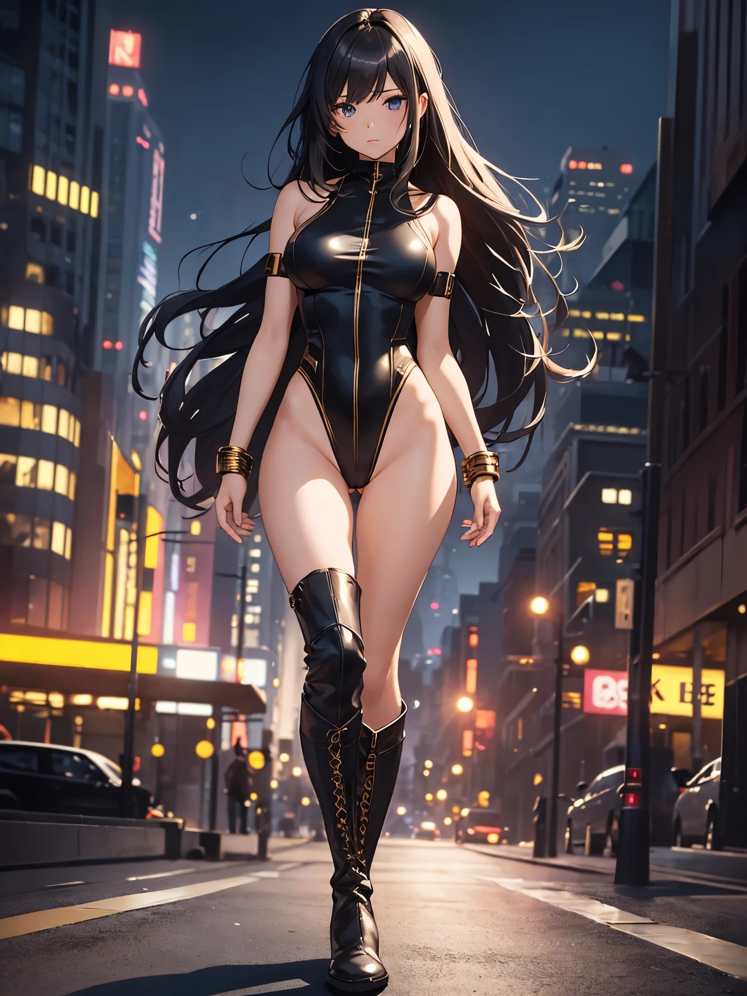 1girl, medium breasts, leotard, black and gold leotard, bare legs, boots, matching boots, bracelets, city backdrop, solo, single, standing, full body shot, cowboy shot, beautiful detailed eyes, mature lady, black hair, long hair 