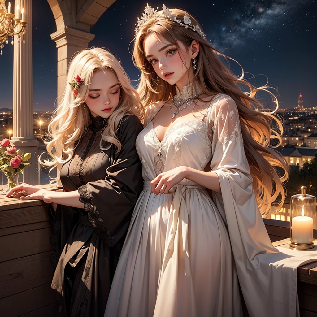 La magnifique femme, parée d'une tenue de soirée étincelante, porte une robe longue qui caresse délicatement le sol. Son élégance transparaît dans les détails raffinés de la dentelle et des perles qui ornent la robe. Les épaules dénudées ajoutent une touche sensuelle à son allure.

Sur le balcon, des bougies délicatement disposées créent une atmosphère chaleureuse et intime. Un léger parfum de fleurs flotte dans l'air, ajoutant une dimension olfactive à la scène. Les lumières de la ville en contrebas se reflètent dans ses yeux, évoquant une lueur de mystère et d'excitation.

Le balcon lui-même est agrémenté de guirlandes lumineuses, créant une ambiance féerique. Un vase de roses rouges trône sur une  table, soulignant la passion qui imprègne l'air. Dans l'obscurité du ciel nocturne, les étoiles semblent danser autour d'elle, témoins silencieux de l'amour qui enveloppe ce moment magique.