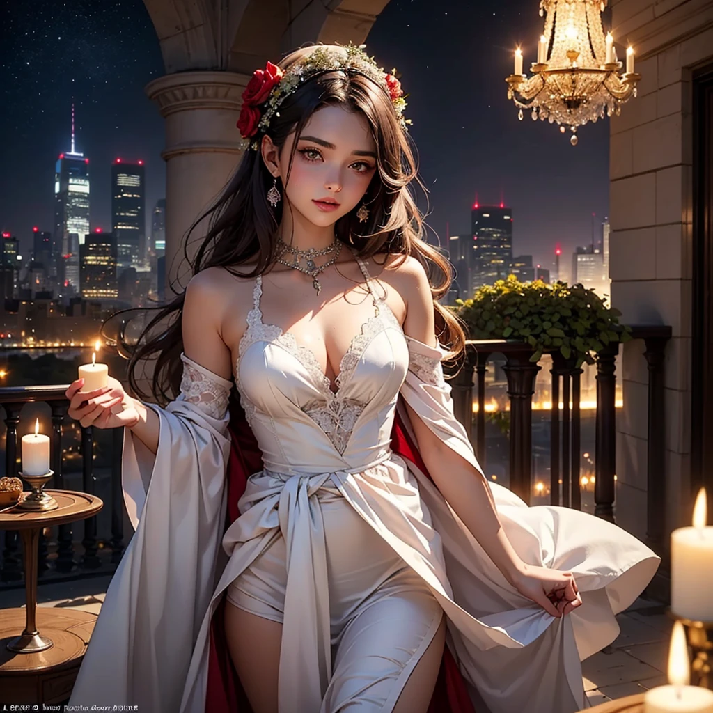 La magnifique femme, parée d'une tenue de soirée étincelante, porte une robe longue qui caresse délicatement le sol. Son élégance transparaît dans les détails raffinés de la dentelle et des perles qui ornent la robe. Les épaules dénudées ajoutent une touche sensuelle à son allure.

Sur le balcon, des bougies délicatement disposées créent une atmosphère chaleureuse et intime. Un léger parfum de fleurs flotte dans l'air, ajoutant une dimension olfactive à la scène. Les lumières de la ville en contrebas se reflètent dans ses yeux, évoquant une lueur de mystère et d'excitation.

Le balcon lui-même est agrémenté de guirlandes lumineuses, créant une ambiance féerique. Un vase de roses rouges trône sur une  table, soulignant la passion qui imprègne l'air. Dans l'obscurité du ciel nocturne, les étoiles semblent danser autour d'elle, témoins silencieux de l'amour qui enveloppe ce moment magique.