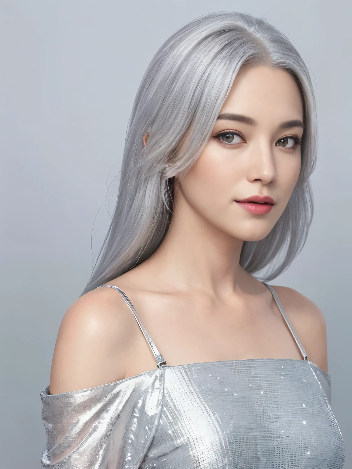 Silver haired woman in dress, 1woman, solo, sundress, photorealistic, realism, realistic, human