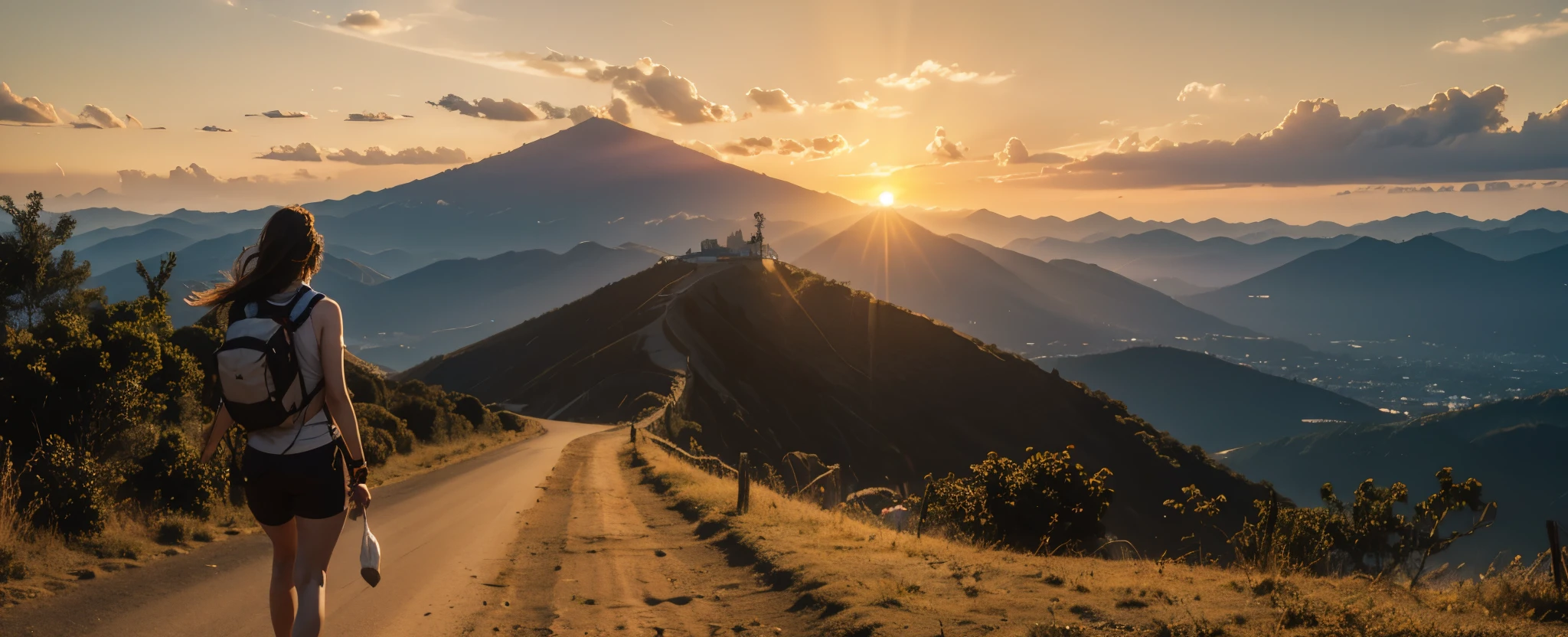 mulher fazendo uma caminhada na montanha, por do sol, super detalhado, 4k