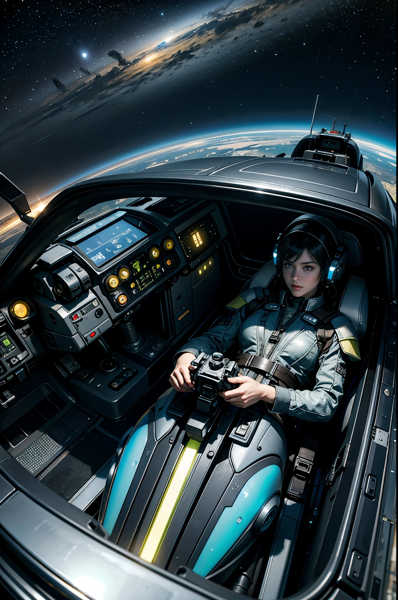 Masterpiece, 8k, high details, photorealistic, epic picture, very high definition, intricate details, futuristic, (piloting with a luminous joystick:1.5), view from space, a woman pilots an ovoid single-seater spaceship, the upper part is a rounded window on which the lights of the stars are reflected, a blue light trail follows the ship, (((unzoom view:1.4))), exterior view