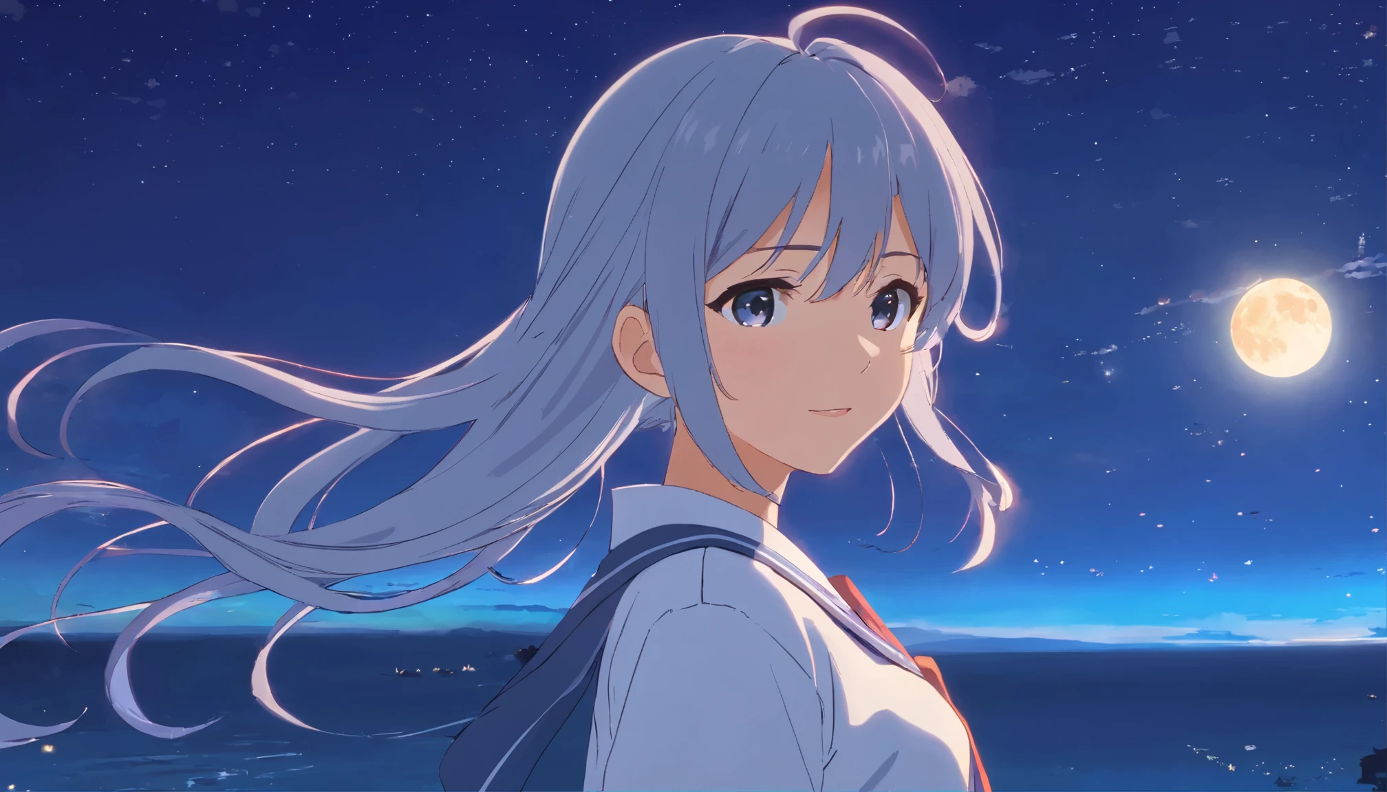 long hair,night,full moon,silver haired girl,uniform,slight smile,View photos taken