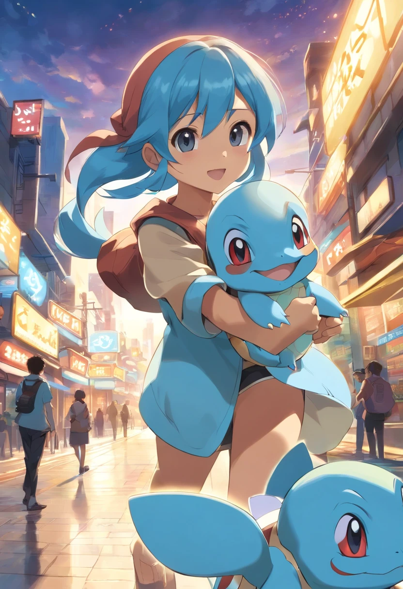 1 girl paying with squirtle, squirtle is playful and cute,Liveliness and agility,blue soft hairs,sparkling big eyes,Cute little 。(squirtle:1.5)