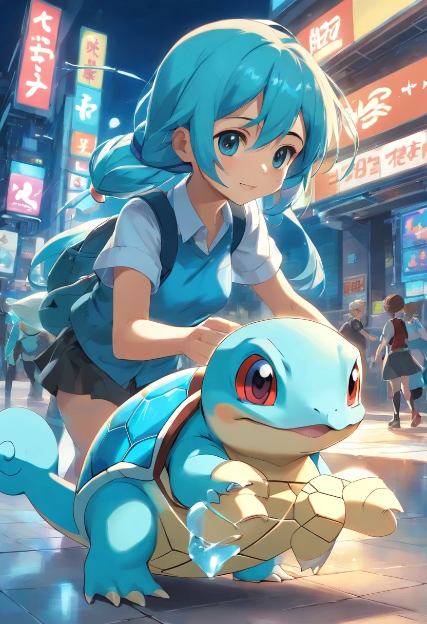 1 girl paying with squirtle, squirtle is playful and cute，Liveliness and agility，blue soft hairs，sparkling big eyes，Cute little 。(squirtle:1.5)