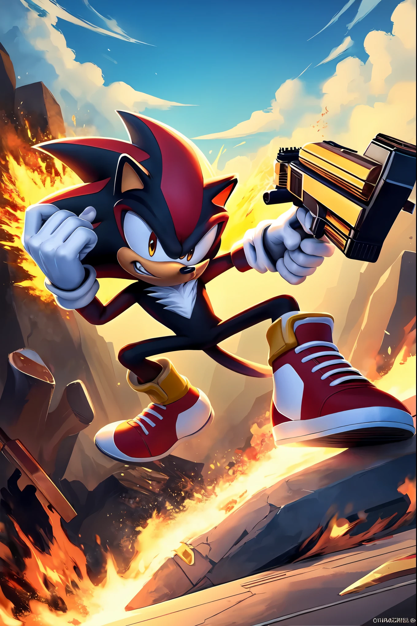 ((masterpiece)), highly detailed, 8k uhd, best quality, Shadow the Hedgehog, 1boy, male focus, gloves, solo, weapon, holding, explosion, furry male, holding weapon, white gloves, gun, cover, shoes, logo, animal nose, holding gun, text, teeth, poster \(medium\), sneakers, full body, red footwear, serious, pose, epic composition