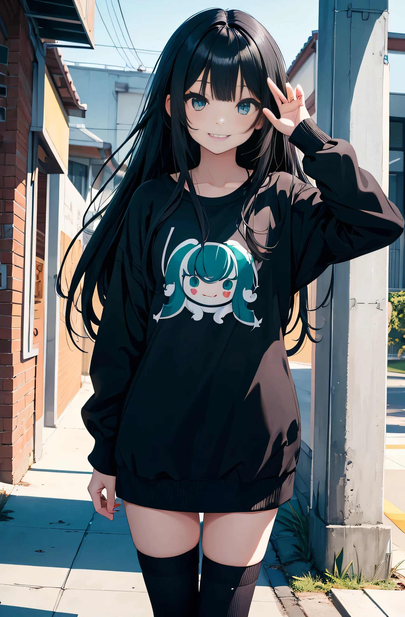 cute anime girl waving , black long hair with bangs and teal eyes, grunge clothes, in front of a classroom, smiling showing her fangs