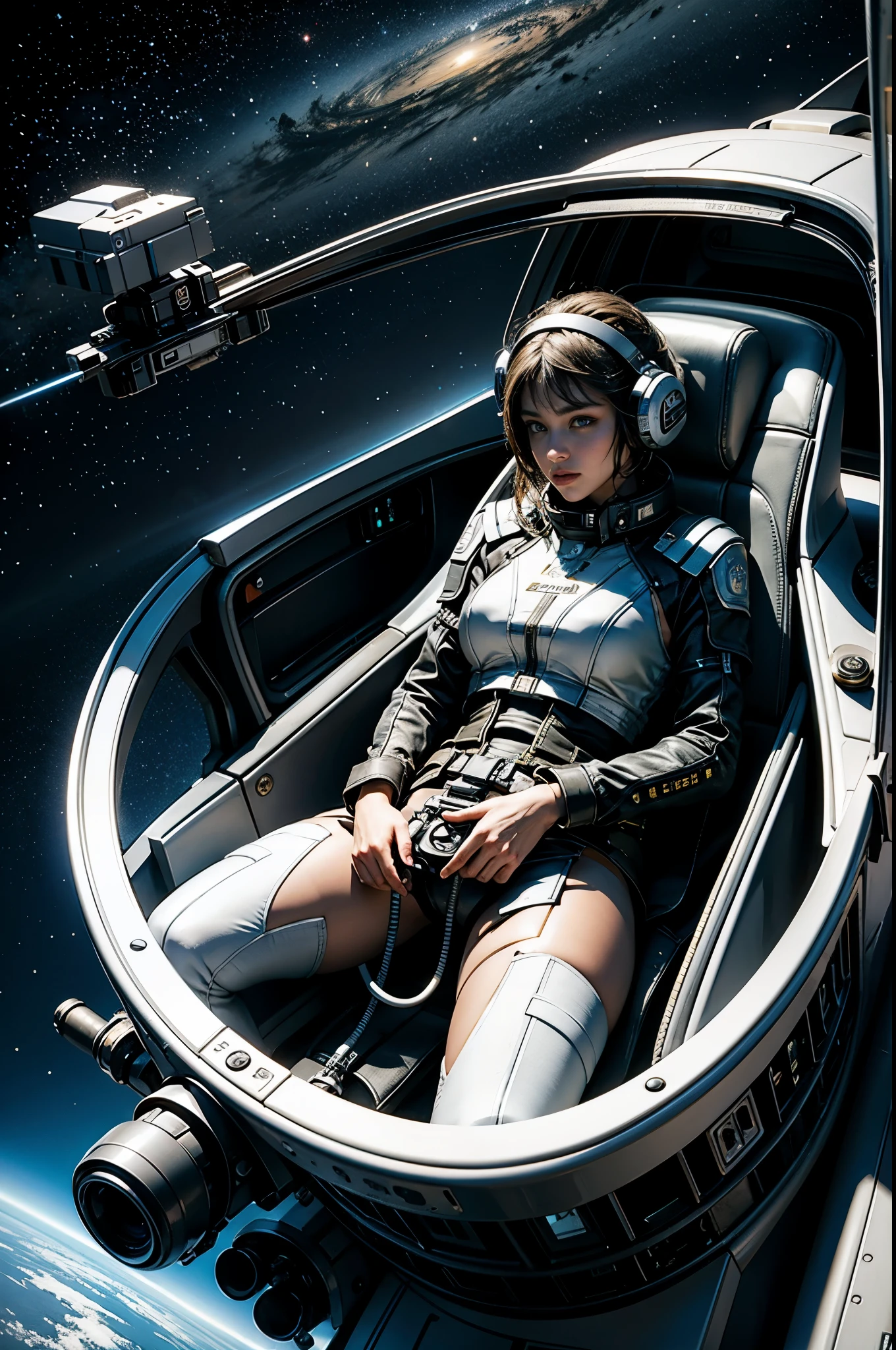 Masterpiece, 8k, high details, photorealistic, epic picture, very high definition, intricate details, futuristic, (piloting with a luminous joystick:1.5), view from space, a woman pilots an ovoid single-seater spaceship, the upper part is a rounded window on which the lights of the stars are reflected, a blue light trail follows the ship, (((unzoom view:1.4))), exterior view