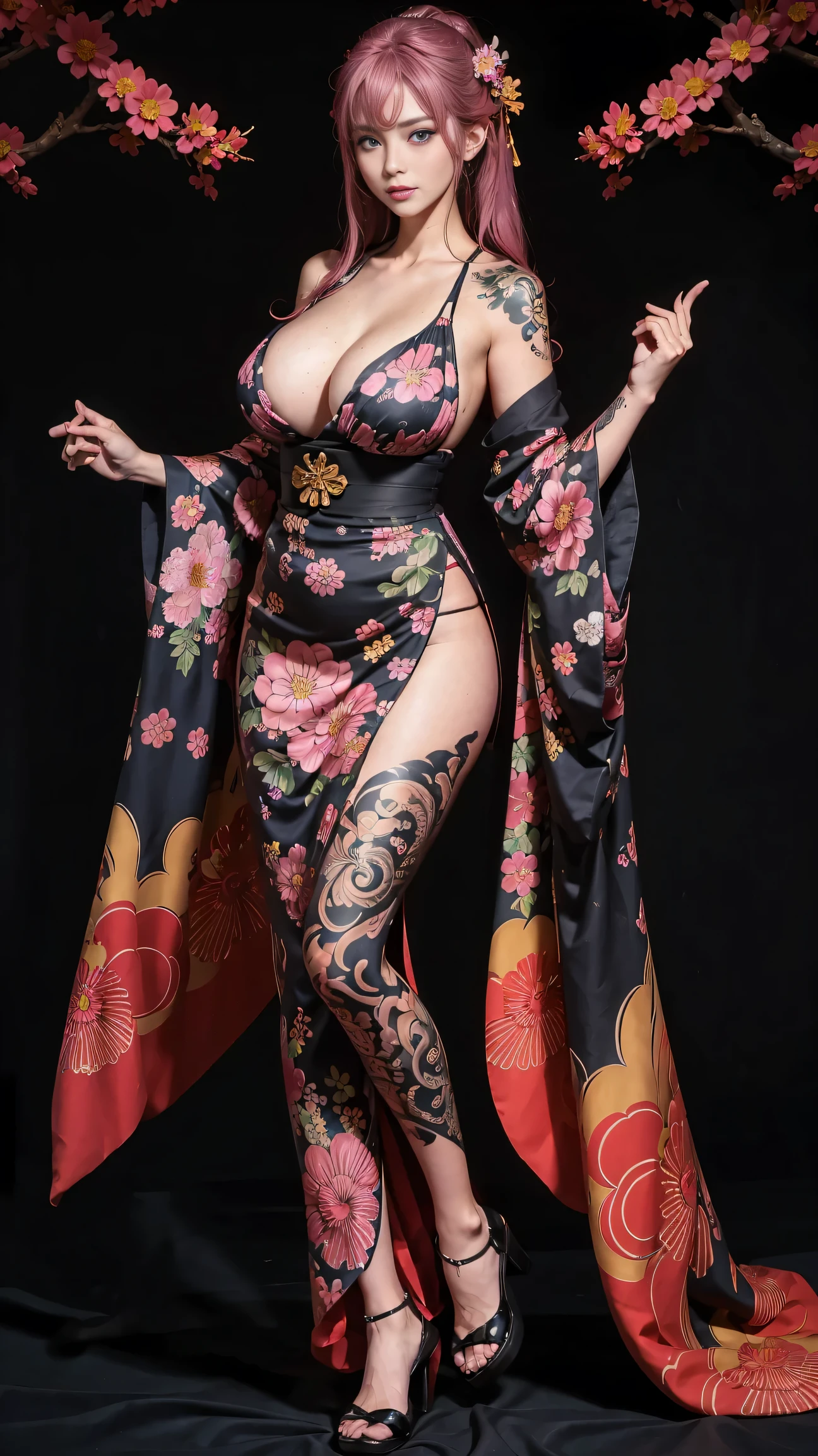 1girl, beautiful girl (24 years old), MILF, Enermous breasts:1.1, seductive smile, beautiful face, blue eyes, long hair, pink hair: 1.2, long hair, bangs, flower hair pin, off-shoulders, bare breasts, holding breasts with hand, breasts grab, pretty bright skin, korean idol makeup look, (full-body), looking at viewers, japanese kimono, black kimono, pattern, open chest cloths, Enermous :1.1, perfect , highest quality, ultra-detailed, hyper detail face, detailed face: 1.2, round breasts, irezumi tattoo style, tattoo on breasts, tttattoo, showing her thigh , tattoo on thigh, sexy thigh, standing, erotic pose