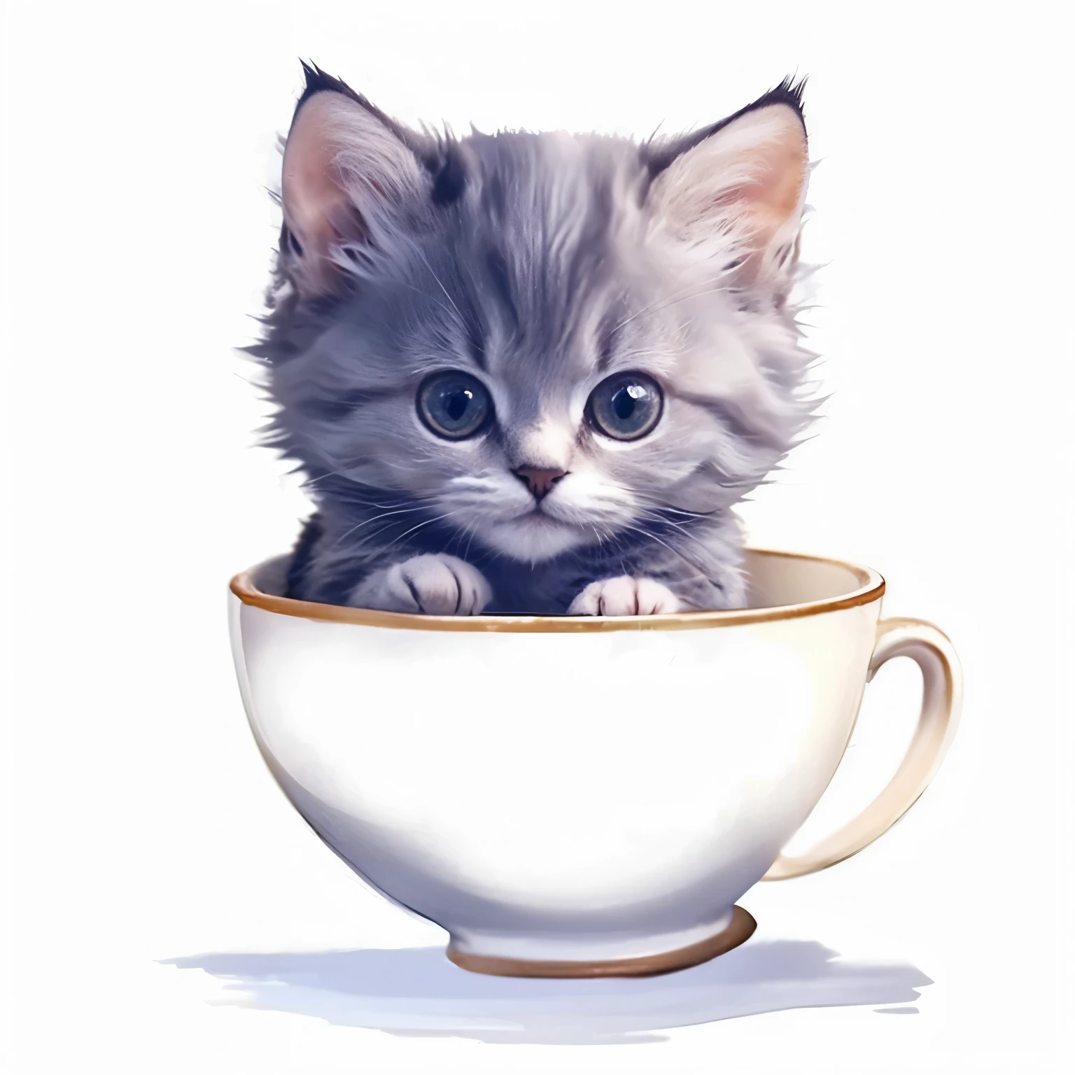 Gato fofo, filhote, inside a cup, com detalhes dourados, fundo branco