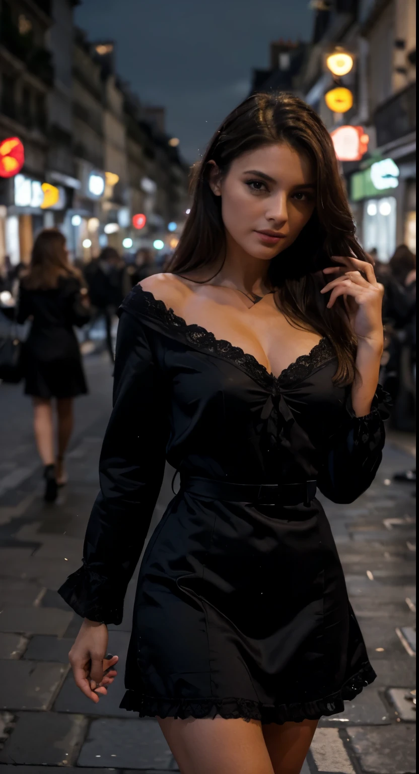 (Extremely detailed, Paris dans la rue, la nuit, en robe noir, bien moulante, Bien, bien grasse, belle femme, Extremely detailed, grande ouverture,)
