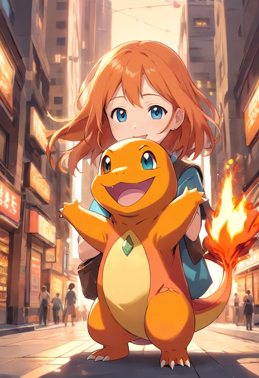 1 girl paying with Charmander, Charmander is playful and cute，Liveliness and agility，orange soft hairs，sparkling big eyes，Cute little 。(Charmander:1.5)