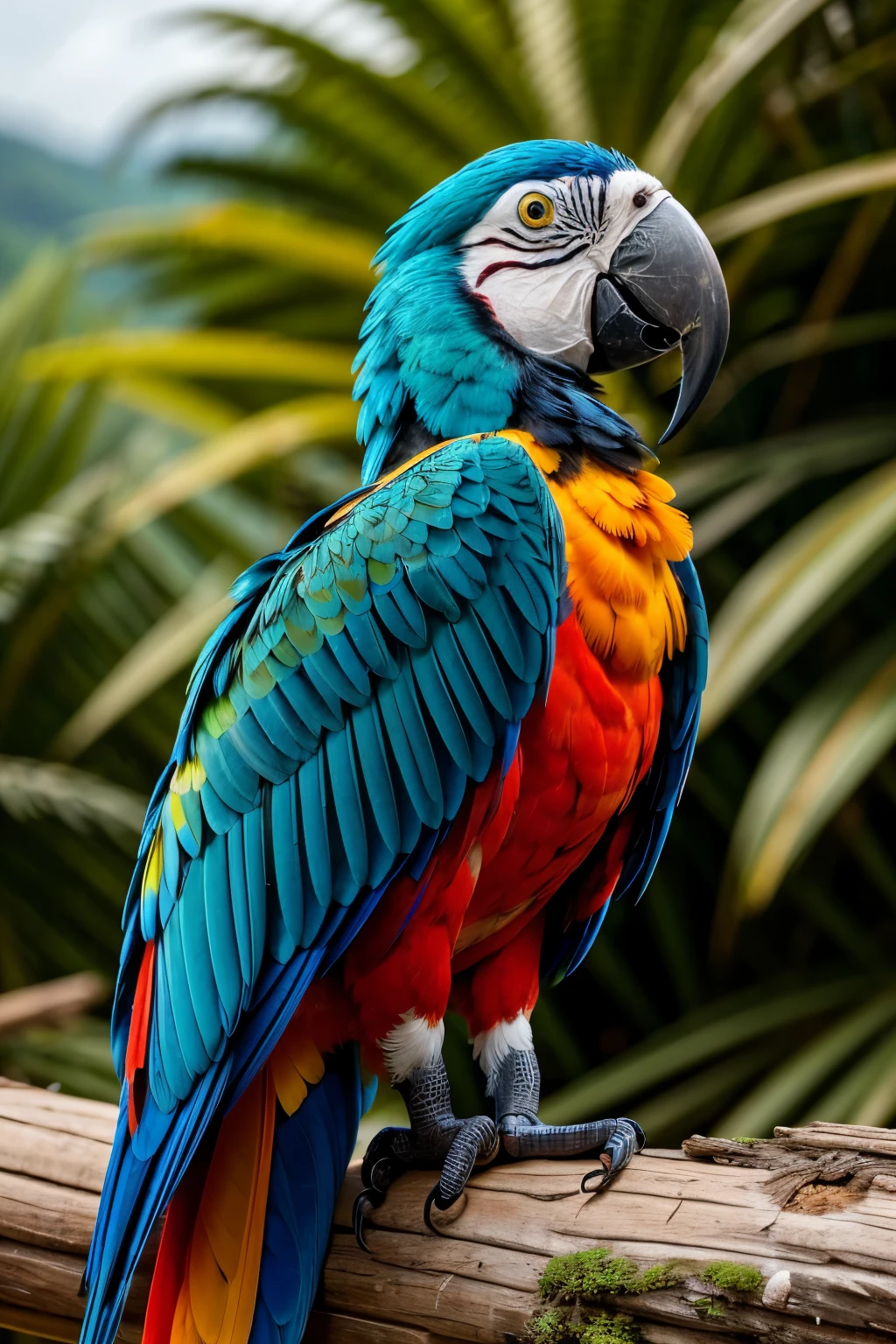 A brilliantly vibrant macaw perched proudly before the lens, showcasing its stunning plumage in breathtaking 8k high definition resolution, capturing every intricate detail with astonishing realism.