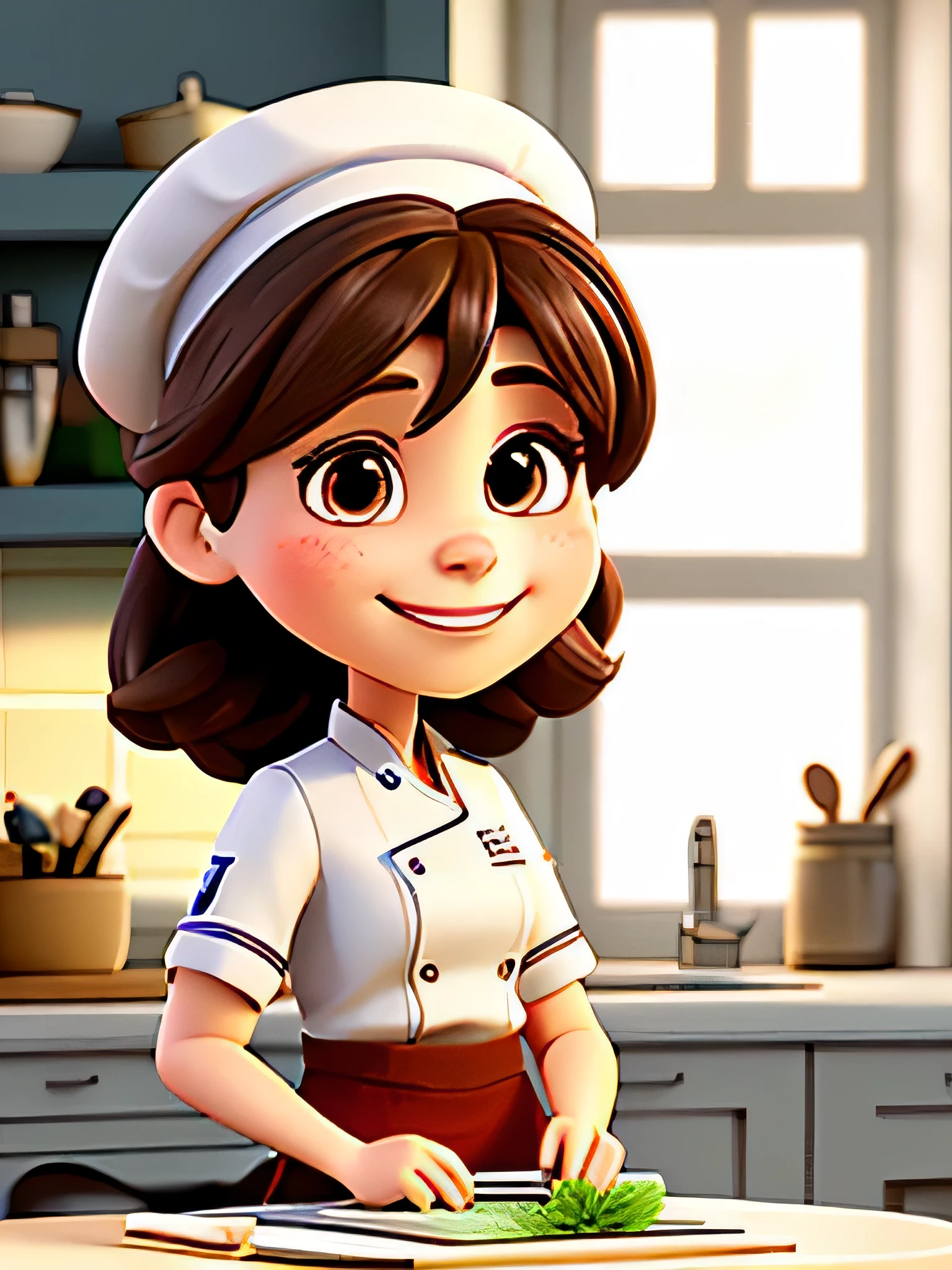 Retrato de uma mulher com roupa branca de chef, chef's hat, meio corpo, olhando para o espectador, sorridente, estilo chibi, cena da cozinha, fundo desfocado, profundidade de campo, detalhado, desenho animado, drawing with lines from designer Alex Ross, motor irreal, 8k
