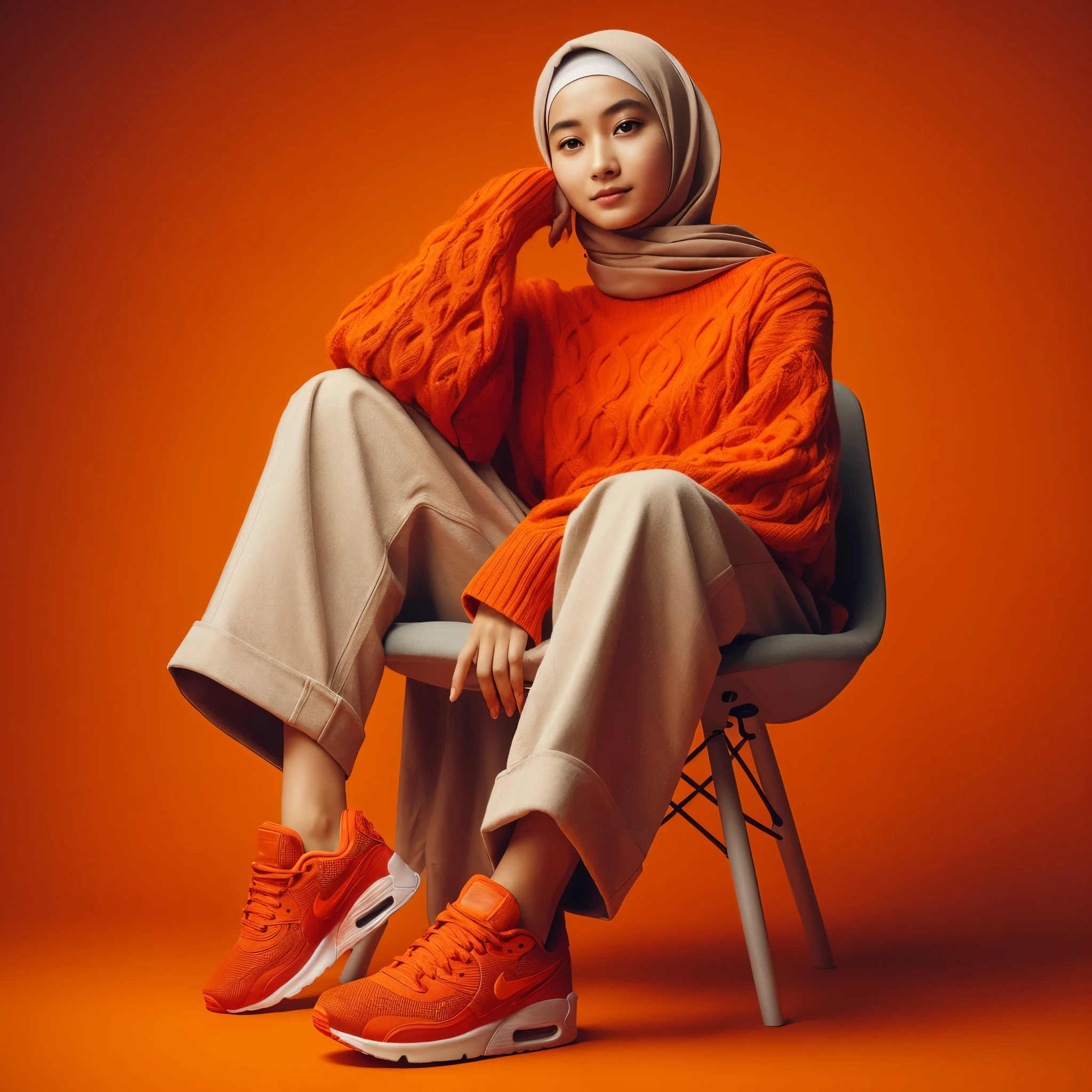 masterpiece of a girl,wearing an orange knit sleeved drees, wearing a hijab, wearing long Levis trousers, wearing Nike (Air Max) shoes, sitting elegantly in a chair like a model, elegant pose, faint smile, very detailed, bright orange background, photoshot, photography, realistic.