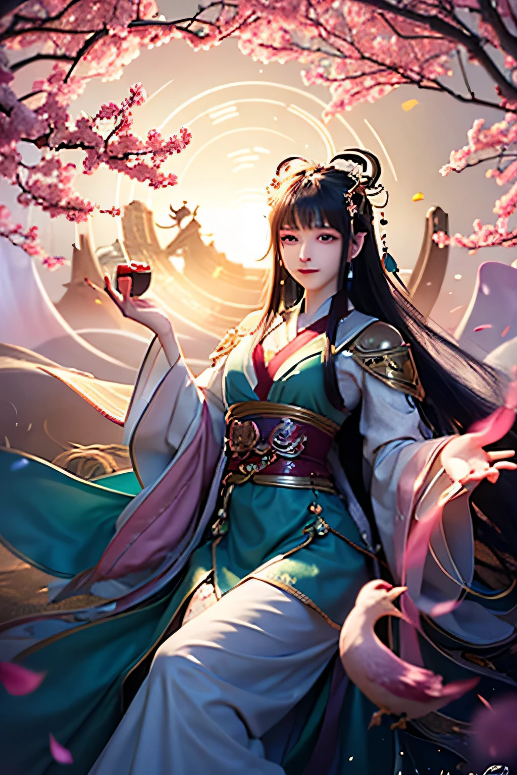 Create an image of Magu, the legendary Taoist goddess, reflecting her youthful and eternal beauty with a serene and peaceful expression. She should have long and elegant bird-like nails, with her hair long, loose, and flowing freely in the wind. Magu is dressed in richly adorned traditional garments featuring esoteric and Taoist symbols, such as the yin-yang and the eight trigrams. In one hand, she holds a tray containing fruits or bottles of elixir, symbolizing her connection to immortality and health. Surrounding her, a lush natural landscape with mountains, forests, and a garden of immortal flowers, and she is associated with a cave that suggests her mystical realm. Elements like the peach of immortality, the crane, or the deer may appear by her side, emphasizing her association with longevity. The image should capture her aura of wisdom, serenity, and harmony with the natural world, highlighting her role as a protector of life and spiritual guide in Taoism.