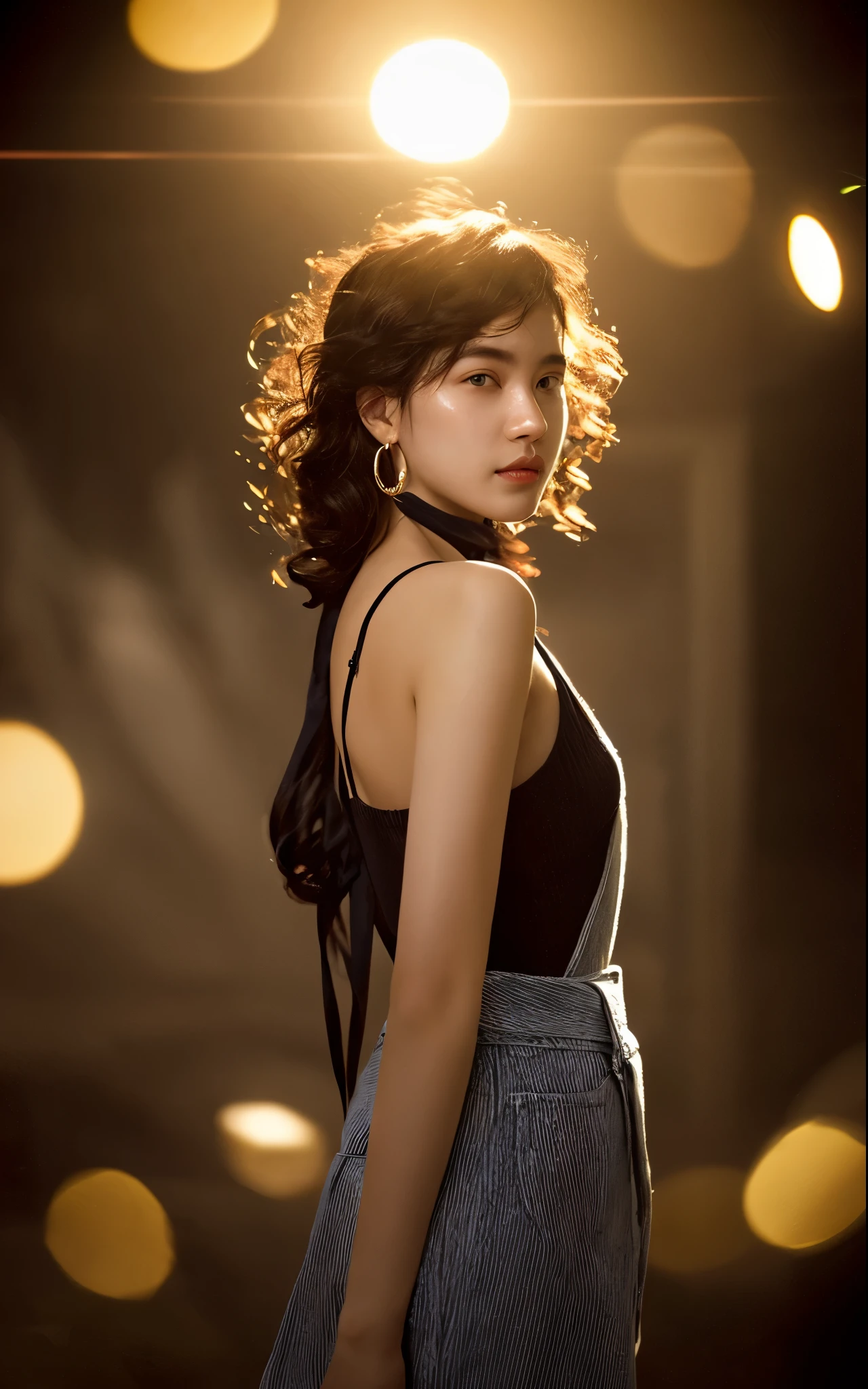 highest quality, Like a real photo、alone, 1 girl, glowing skin, hoop earrings, glamorous, quirky details, dry hair, short hair、fascinating, bare shoulders, long pants, shallow depth of field, contrasting, professional model, facing the front, portrait, so that the whole head is visible, high nose, blush, blurry, Wide-Angle, Sony FE, lens flare, wide shot, from behind, masterpiece, textured skin, high details, UHD, textured skin, best quality, 16k, anatomically correct, award winning