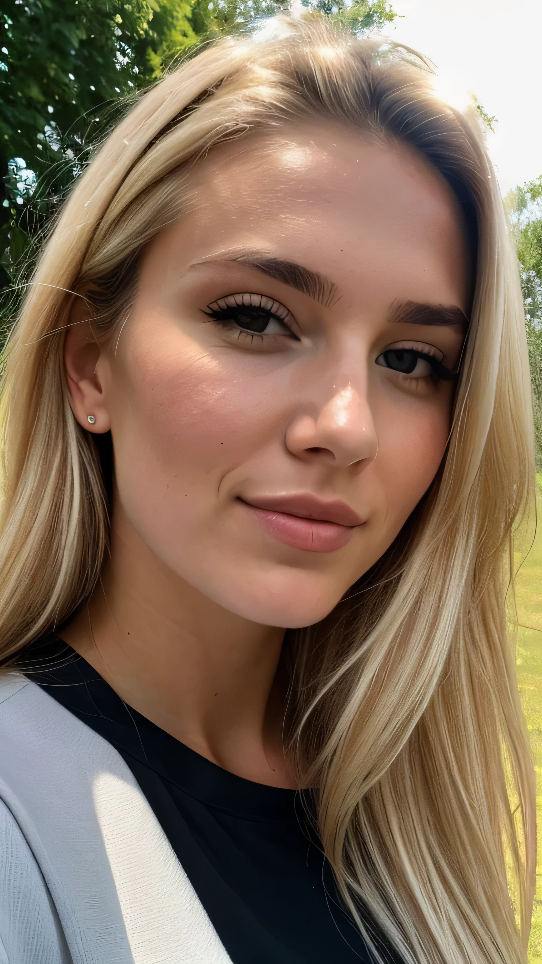 une femme blonde de 23 ans prend un selfie en plein air au soleil, 50mm f/2.8, Photorealism, Blonde Hair with Light Brown Roots, cheveux blond, Cheveux avec des racines brunes, Very long hair, yeux bleus, belle femme, vue de face, Extreme close-up of the face, zoom sur le visage, elegant black shirt, elegant beige shorts, high quality, selfie, profondeur de champ courte