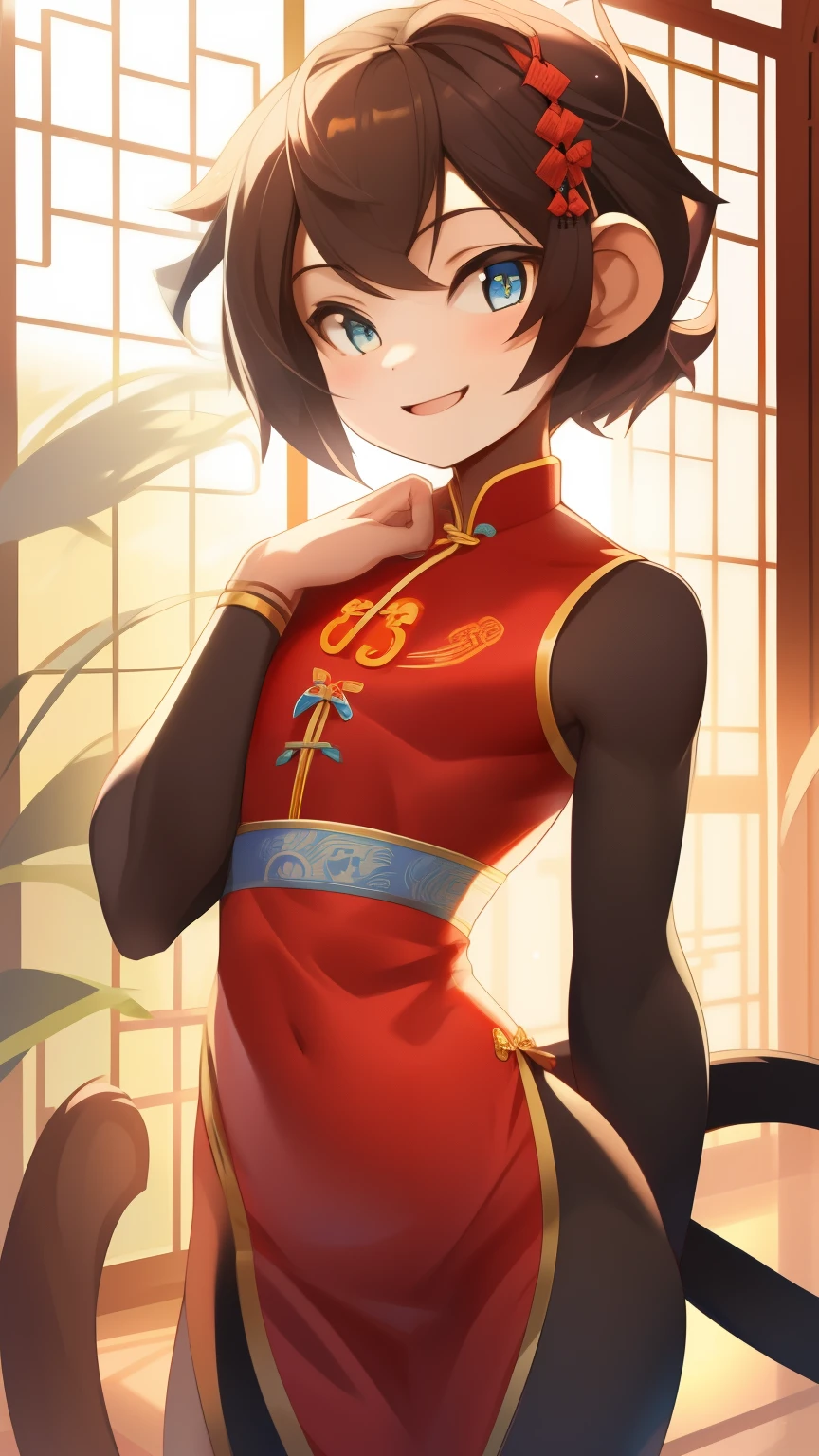 Best quality, Super detailed illustration, (1 boy:1.2), (Fluffy panda:1.4) , feminine face and body, disheveled thick hair, Chinese dress, shy smile, Femboy, Small waist, wide hips, Slim, perfect body, style "DND",
