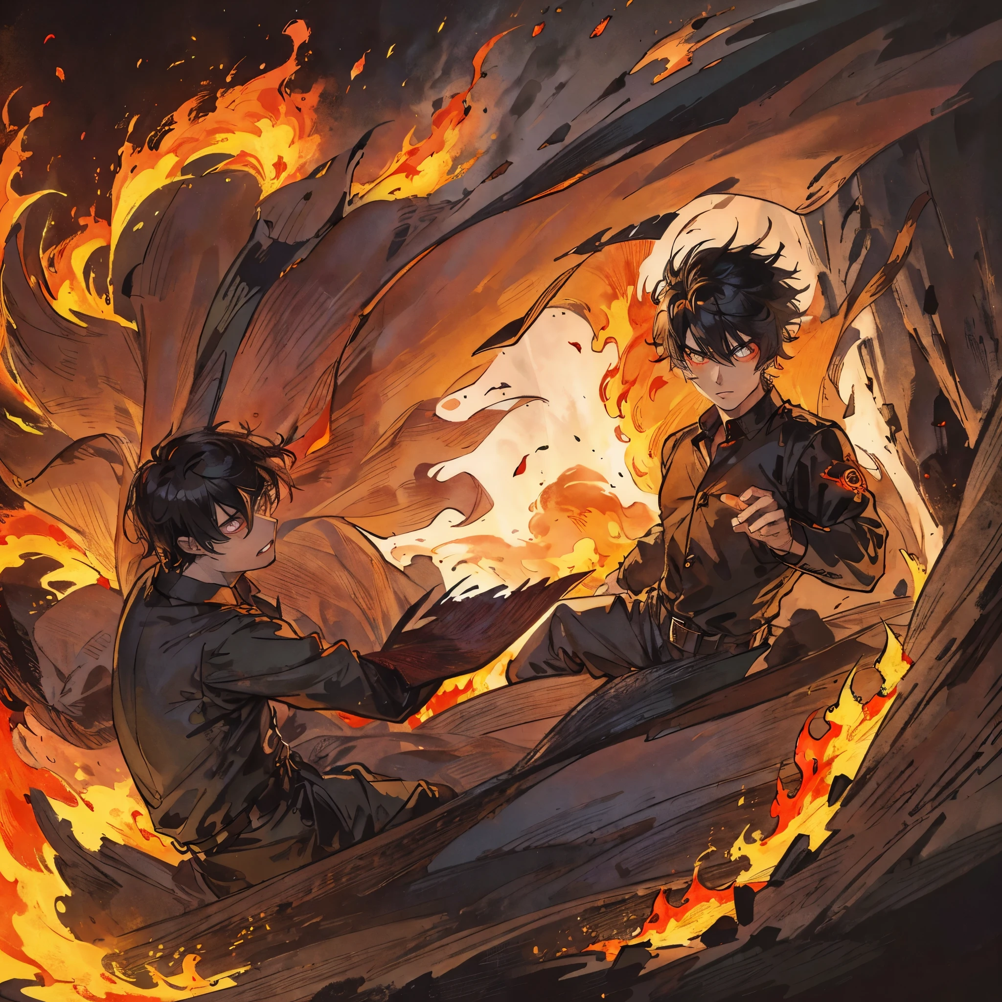 "(best quality,realistic),two boys with fiery eyes,flaming hunters catching fire,smoke,smoky atmosphere,dynamic poses,dark background,warm colors,high contrast,impressive fire effects,expressive faces,energetic movements"