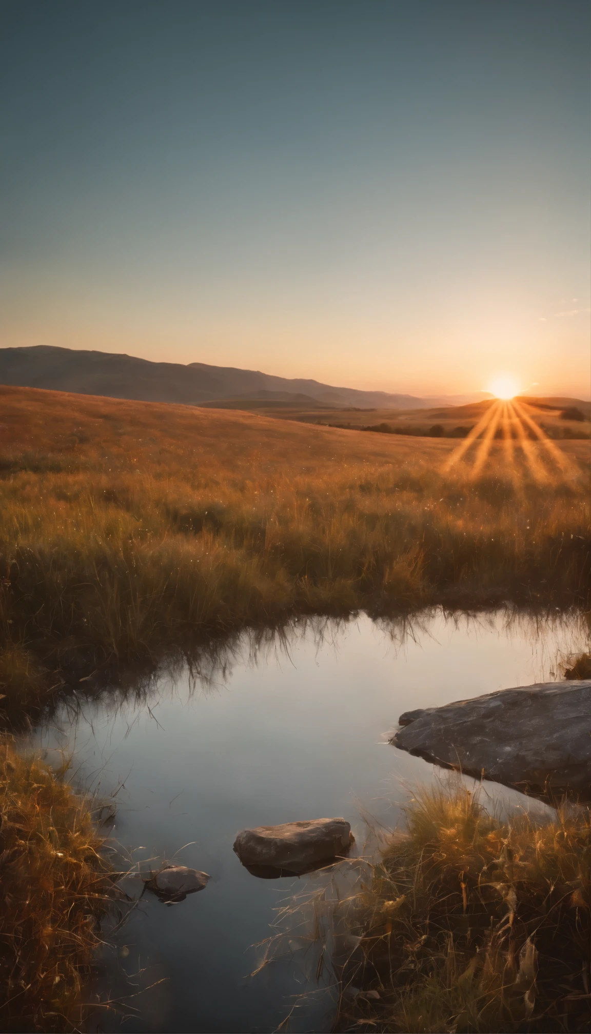 amanhecer no campo, montanhas e lago, sol nascendo