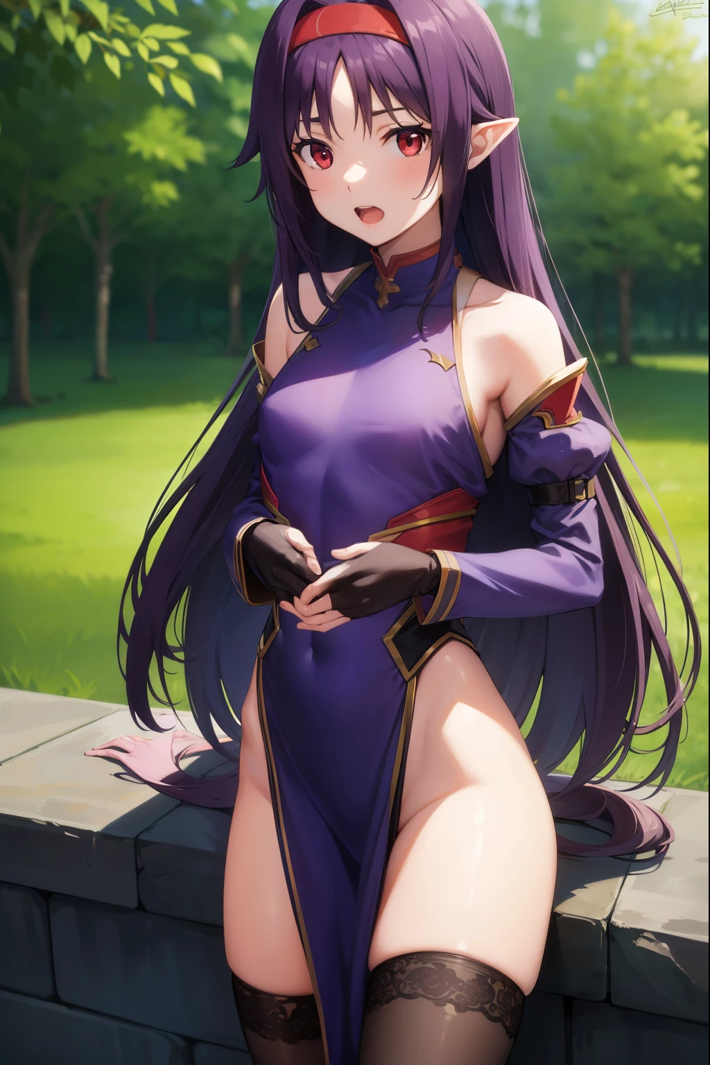 yuukikonno, yuuki konno, hairband, long hair, pointy ears, purple hair, (red eyes:1.5), (small breasts:1.2), open mouth,
BREAK black thighhighs, detached sleeves, thighhighs, dress, purple dress, armor, purple armor,
BREAK looking at viewer, upper body, full body,
BREAK outdoors, forest, nature,
BREAK (masterpiece:1.2), best quality, high resolution, unity 8k wallpaper, (illustration:0.8), (beautiful detailed eyes:1.6), extremely detailed face, perfect lighting, extremely detailed CG, (perfect hands, perfect anatomy),
