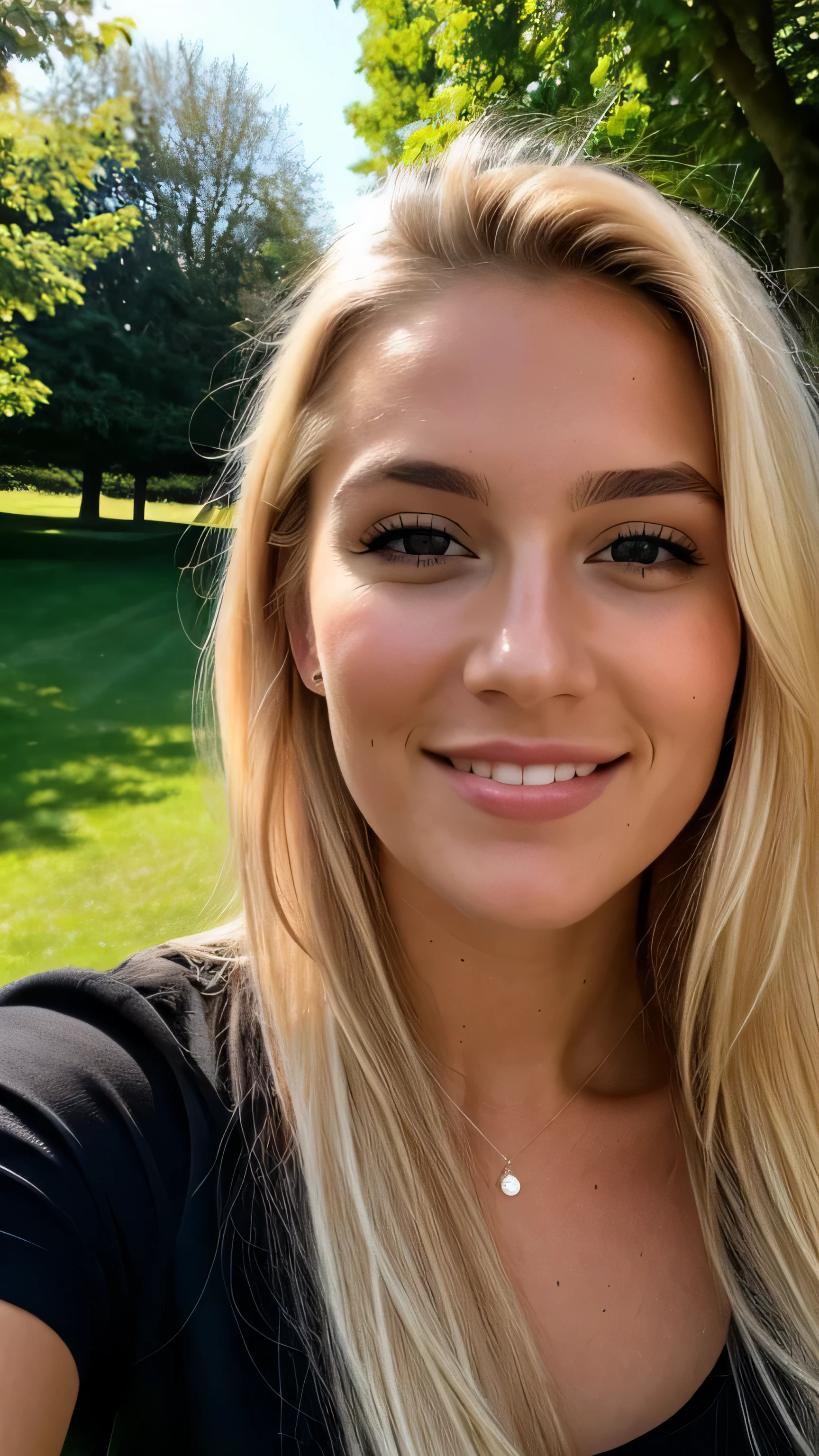 une femme blonde de 23 ans prend un selfie en plein air au soleil, 50mm f/2.8, Photorealism, Blonde Hair with Light Brown Roots, cheveux blond, Cheveux avec des racines brunes, Very long hair, yeux bleus, belle femme, vue de face, Extreme close-up of the face, zoom sur le visage, elegant black shirt, elegant beige shorts, high quality, selfie, profondeur de champ courte