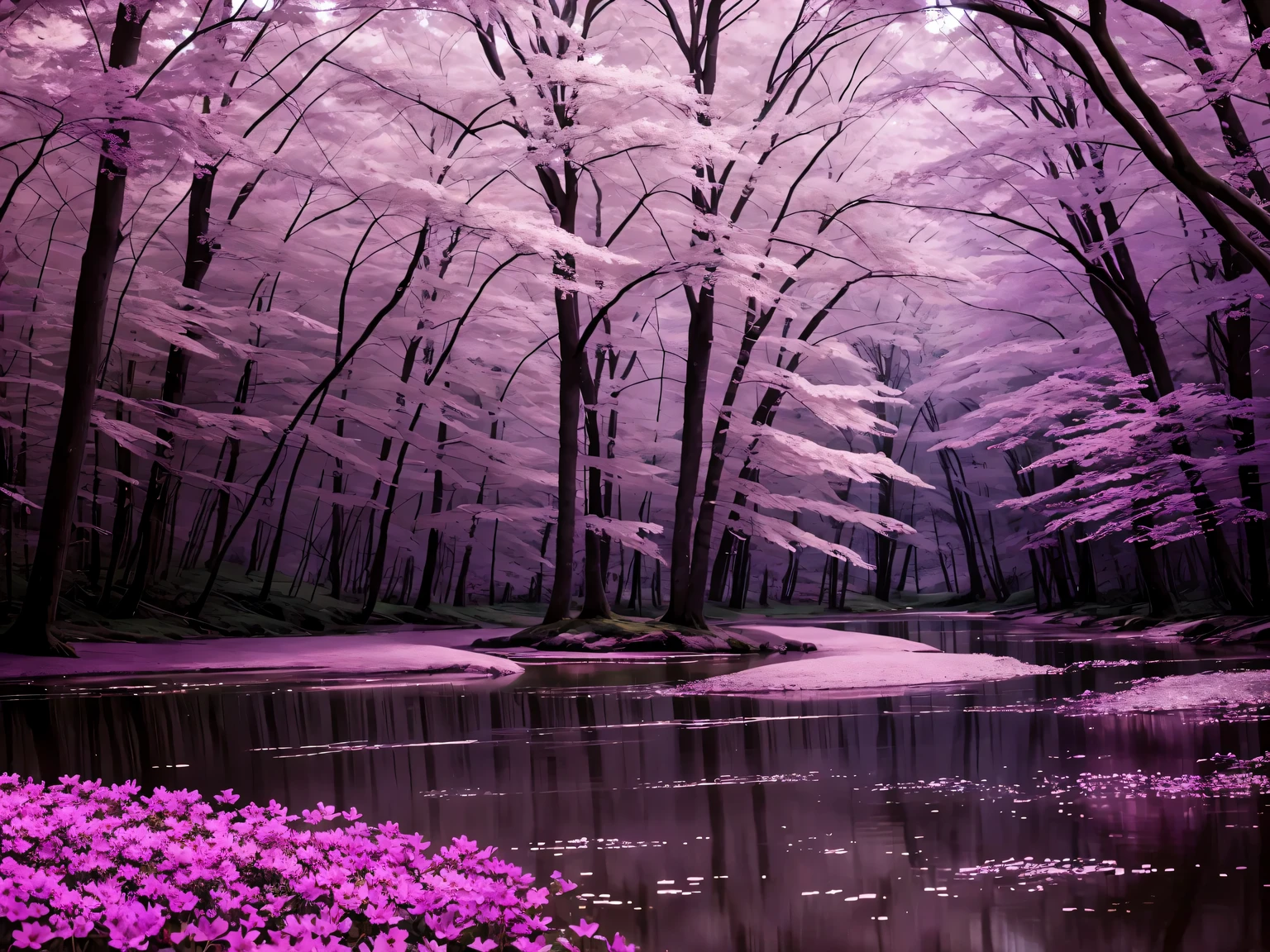 trees, forest, light, water, flowers, pink, purple