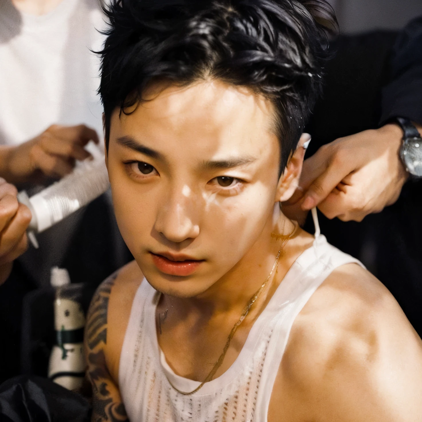 there is a man with a tattoo on his arm getting a haircut, brillante por la lluvia, jungkook, jeon jungkook, hyung tae, young pale angel, cai xukun, Won Bin Lee, cara sudorosa, pale korean adorable face, jeon jungkook, jungkook jeon, jungkook, kpop bts.