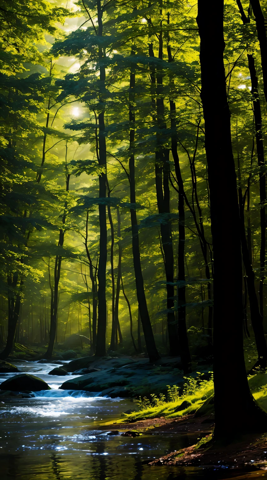 trees, forest, light, water