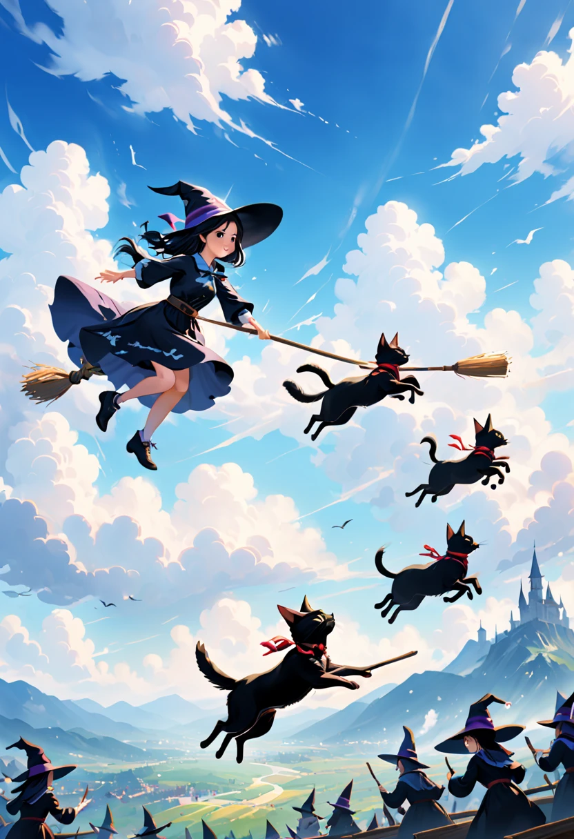 The witch and the black cat are flying on broomsticks.flying broomstick competition.on a bright afternoon，Many young witches under the blue sky.Race on a broomstick。(Focus on witch flying.Sprint effect performance)They shuttle among the clouds，intense competition，chasing each other。The background is a vast sky and distant mountains，Gives people a feeling of flying in the clouds。(best quality,4K,8k,high resolution,masterpiece:1.2),super detailed.Focus on witch flying.Sprint effect performance.Magic academy as background