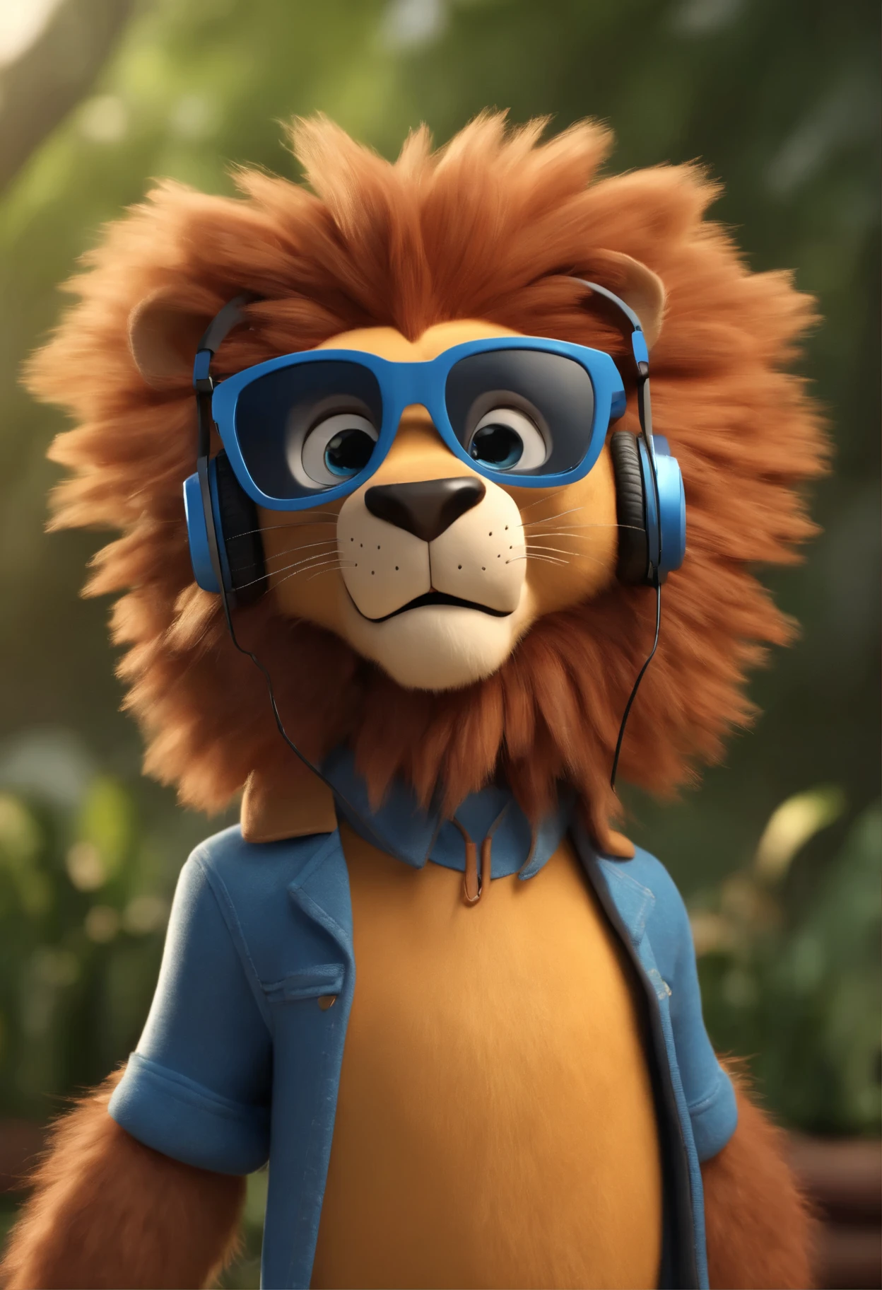 Cartoon character of a lion with headphones on his head with black glasses and a blue shirt, animation character, Caractere estilizado, animation style rendering, 3D estilizado, Arnold Maya rendering, Stylized 3D rendering, toon render screenshot, Personagem 3D, Personagem 3D, Stylized 3D rendering, 3D character rendering, personagem de desenho animado, Personagem de close up, Pose de personagem,  (Estilo Pixar) (parte mestre:1.2) (Bokeh) (melhor qualidade) (pele detalhada) (textura detalhada) (8k) (argila) (cinematic lighting) (sharp focus