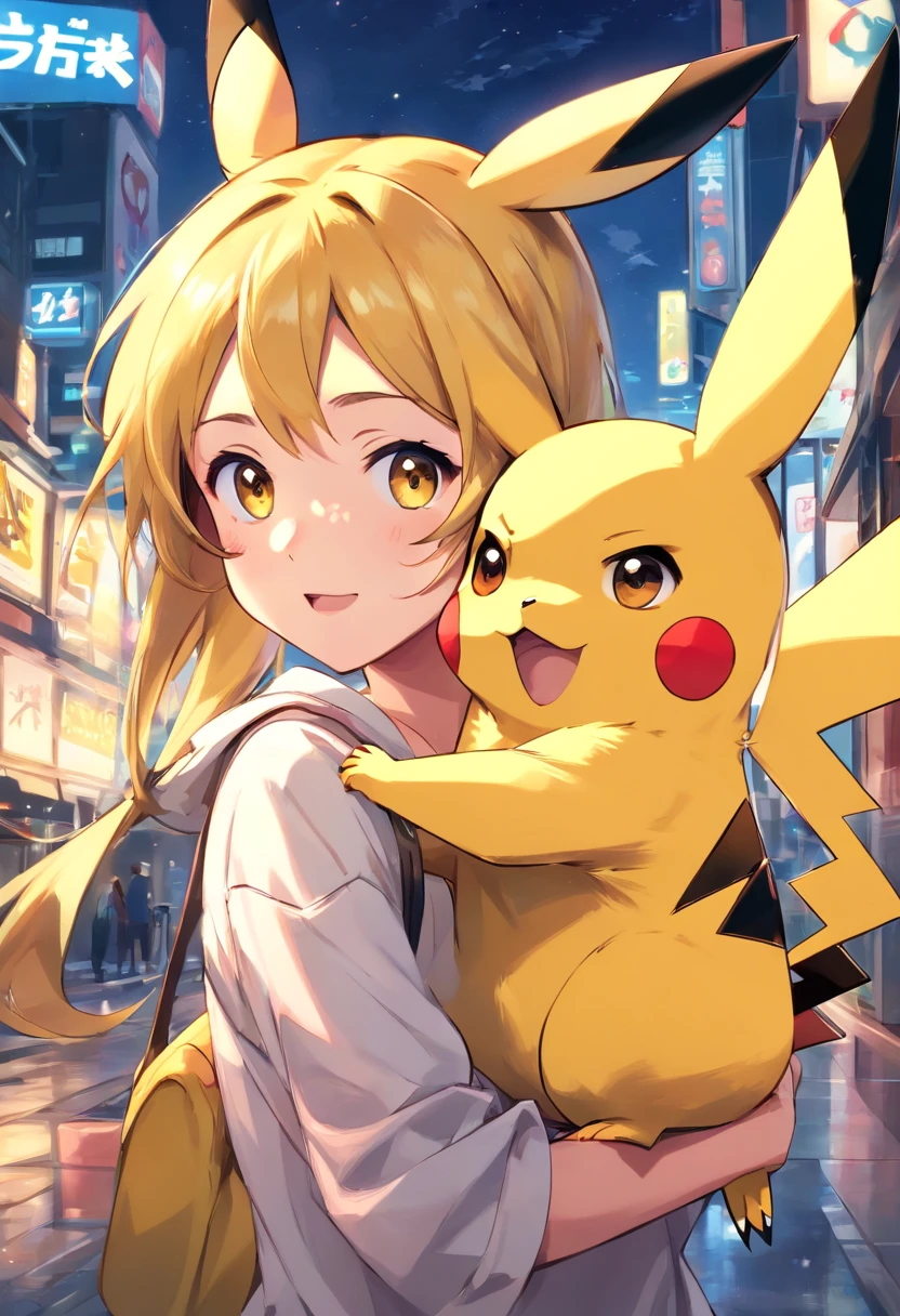 1 girl paying with Pikachu, Pikachu is playful and cute,Liveliness and agility,Yellow soft hairs,red blush,sparkling big eyes,Cute little pointed ears。(Pikachu:1.5)