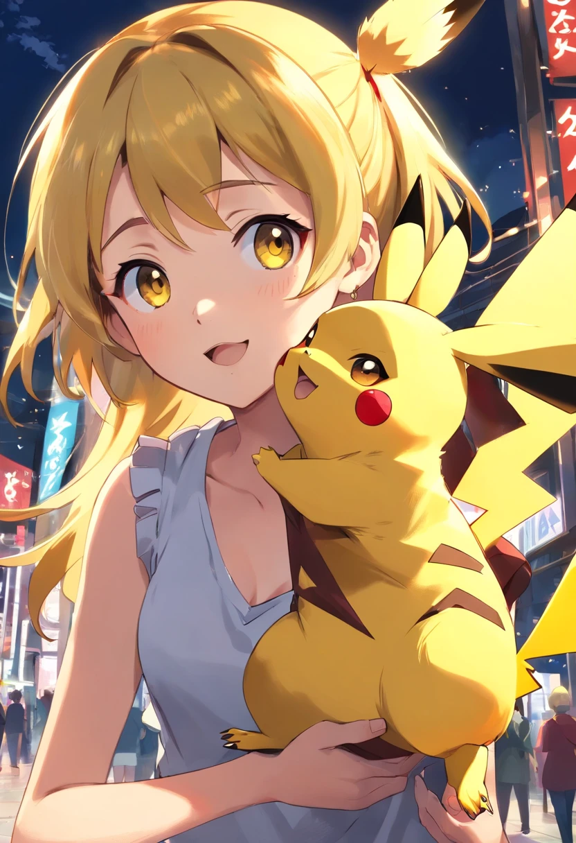 1 girl paying with Pikachu, Pikachu is playful and cute,Liveliness and agility,Yellow soft hairs,red blush,sparkling big eyes,Cute little pointed ears。(Pikachu:1.5)