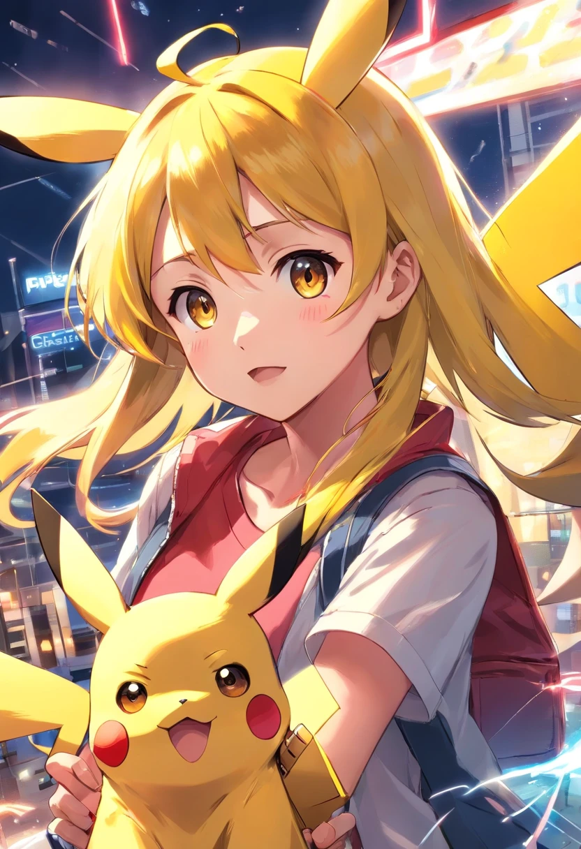 1 girl paying with Pikachu, Pikachu is playful and cute，Liveliness and agility，Yellow soft hairs，red blush，sparkling big eyes，Cute little pointed ears。(Pikachu:1.5)