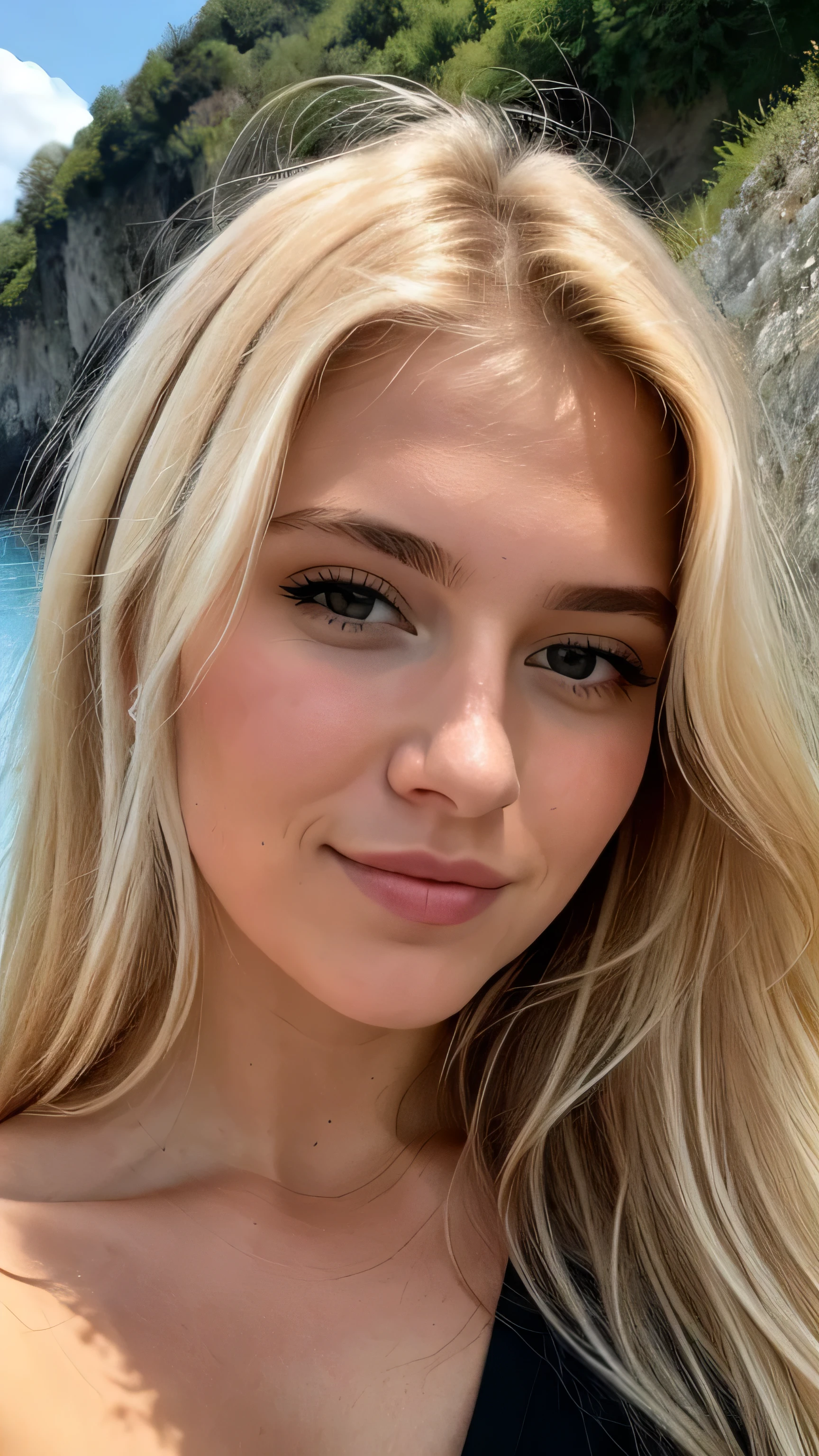 une femme blonde de 23 ans prend un selfie en plein air au soleil, The sea in the background, on voit la mer dans le fond de l'image, 50mm f/2.8, Photorealism, Blonde Hair with Light Brown Roots, cheveux blond, Cheveux avec des racines brunes, Very long hair, yeux bleus, belle femme, vue de face, Extreme close-up of the face, zoom sur le visage, elegant black shirt, elegant beige shorts, high quality, selfie, profondeur de champ courte