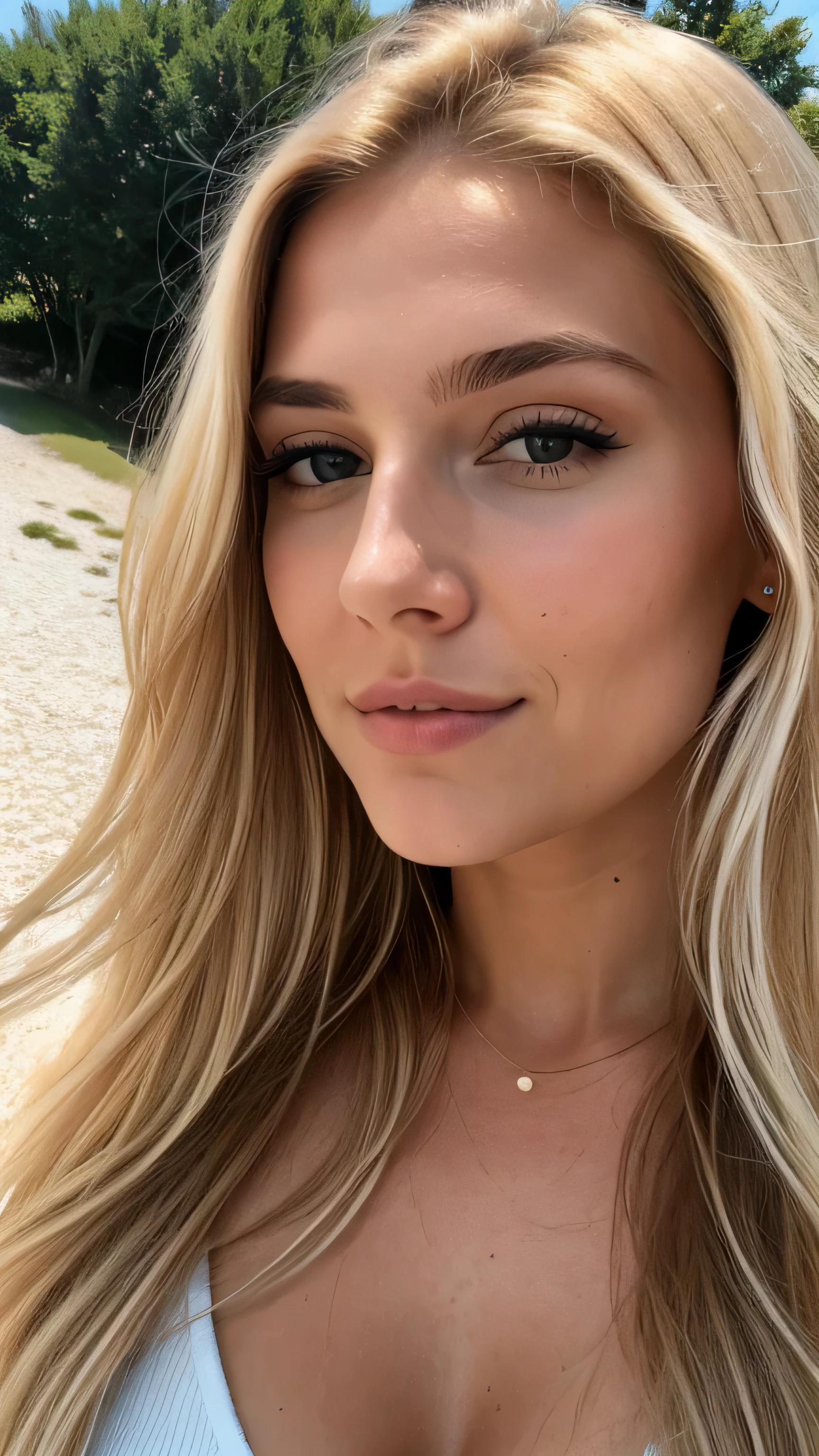 une femme blonde de 23 ans prend un selfie en plein air au soleil, The sea in the background, on voit la mer dans le fond de l'image, 50mm f/2.8, Photorealism, Blonde Hair with Light Brown Roots, cheveux blond, Cheveux avec des racines brunes, Very long hair, yeux bleus, belle femme, vue de face, Extreme close-up of the face, zoom sur le visage, elegant black shirt, elegant beige shorts, high quality, selfie, profondeur de champ courte
