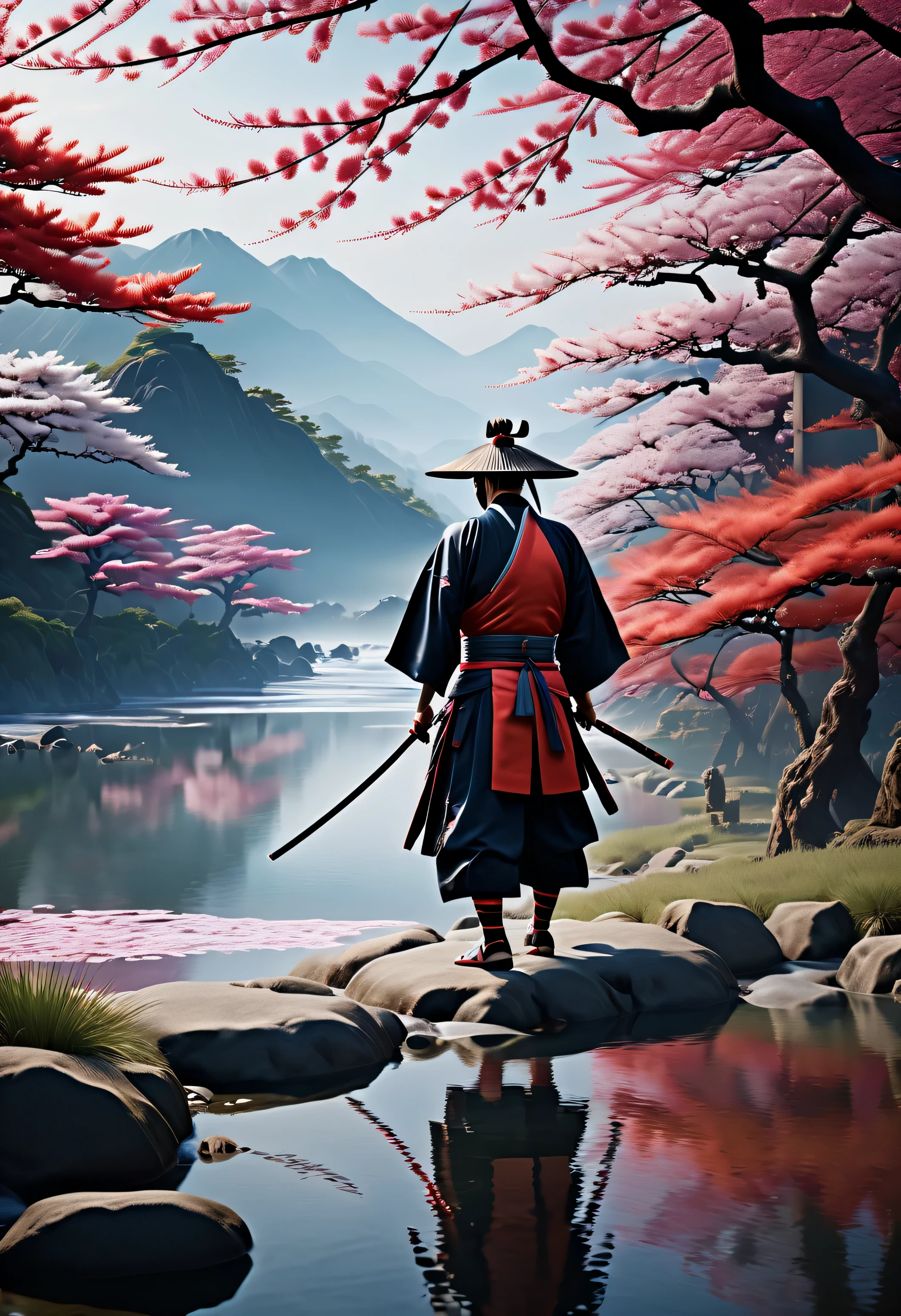 (Best image quality,4K,8 TAUSEND,High Resolution,Meisterwerk:1.2),ultradetailliert,(lebensecht,lebensecht,lebensecht:1.37)。Kreatives Tapetendesign,Extremely aesthetic,leuchtende Farben,Japanische Landschaft, Japanischer Samurai, Samurai aesthetic, Samurai near the river