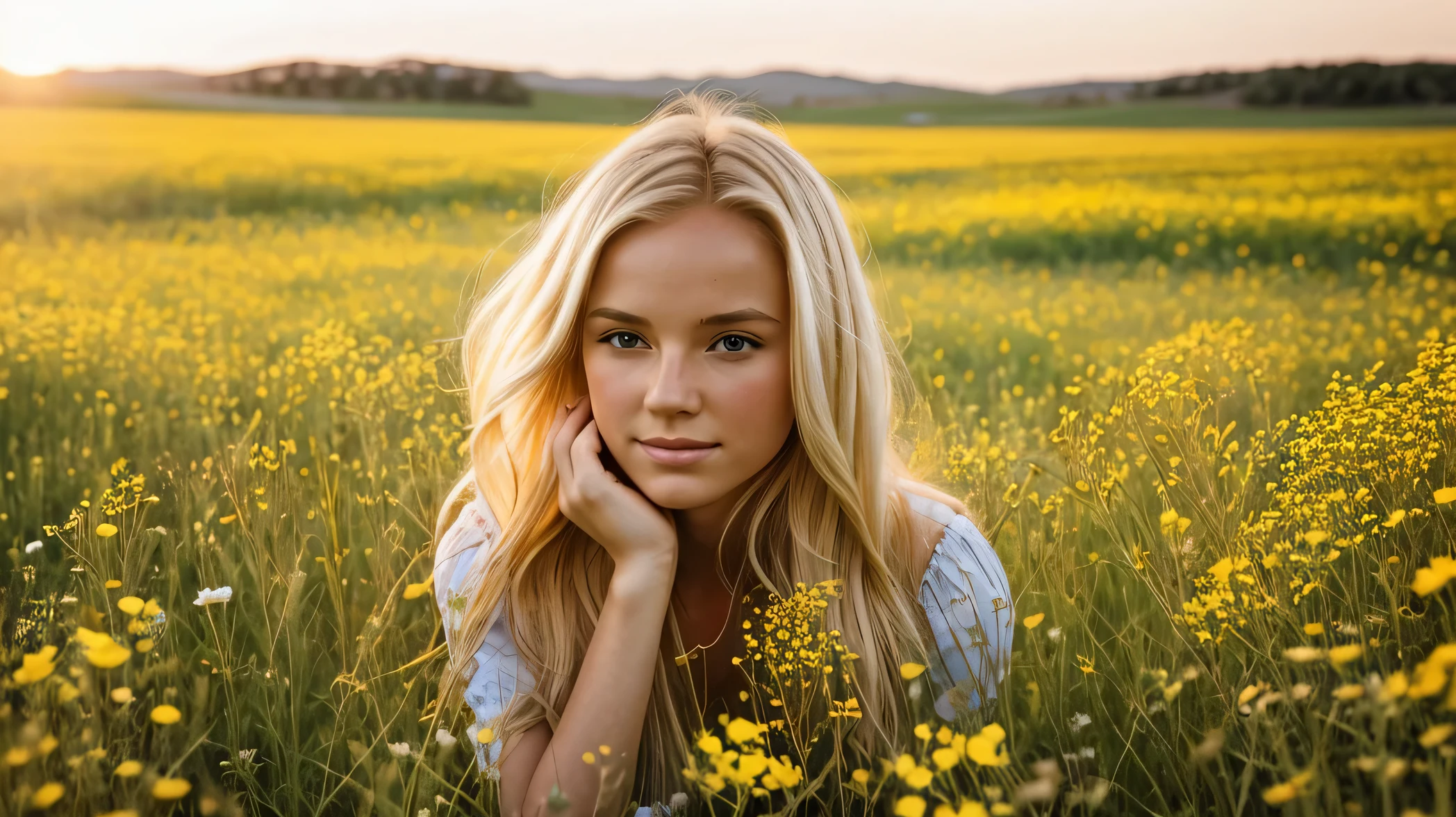 Capture the innocence and radiance of a blonde woman surrounded by wildflowers in a sunlit meadow.