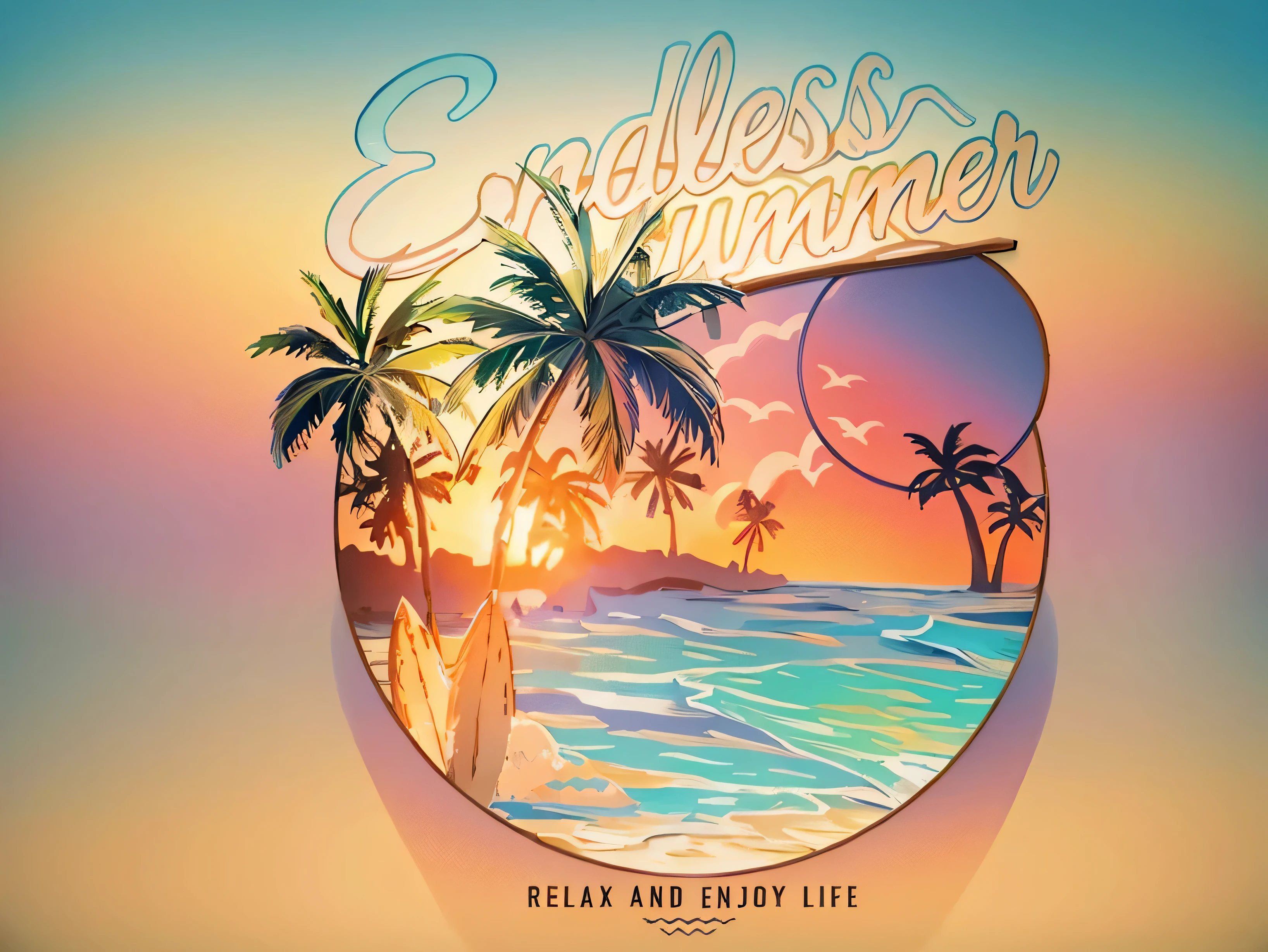 Peaceful beach with sunset in the background, waves on beach, pastel colors, surfboards in the sand, palm trees all along the beach, silhouettes of trees in the background, Art Deco, high detail, Pixar, anime style, anime style, anime style, Pop art, Action painting, film grain, highres, best quality, retina
