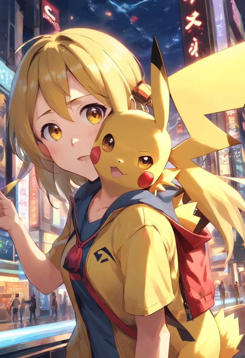 1 girl paying with Pikachu, Pikachu is playful and cute，Liveliness and agility，Yellow soft hairs，red blush，sparkling big eyes，Cute little pointed ears。(Pikachu:1.5)